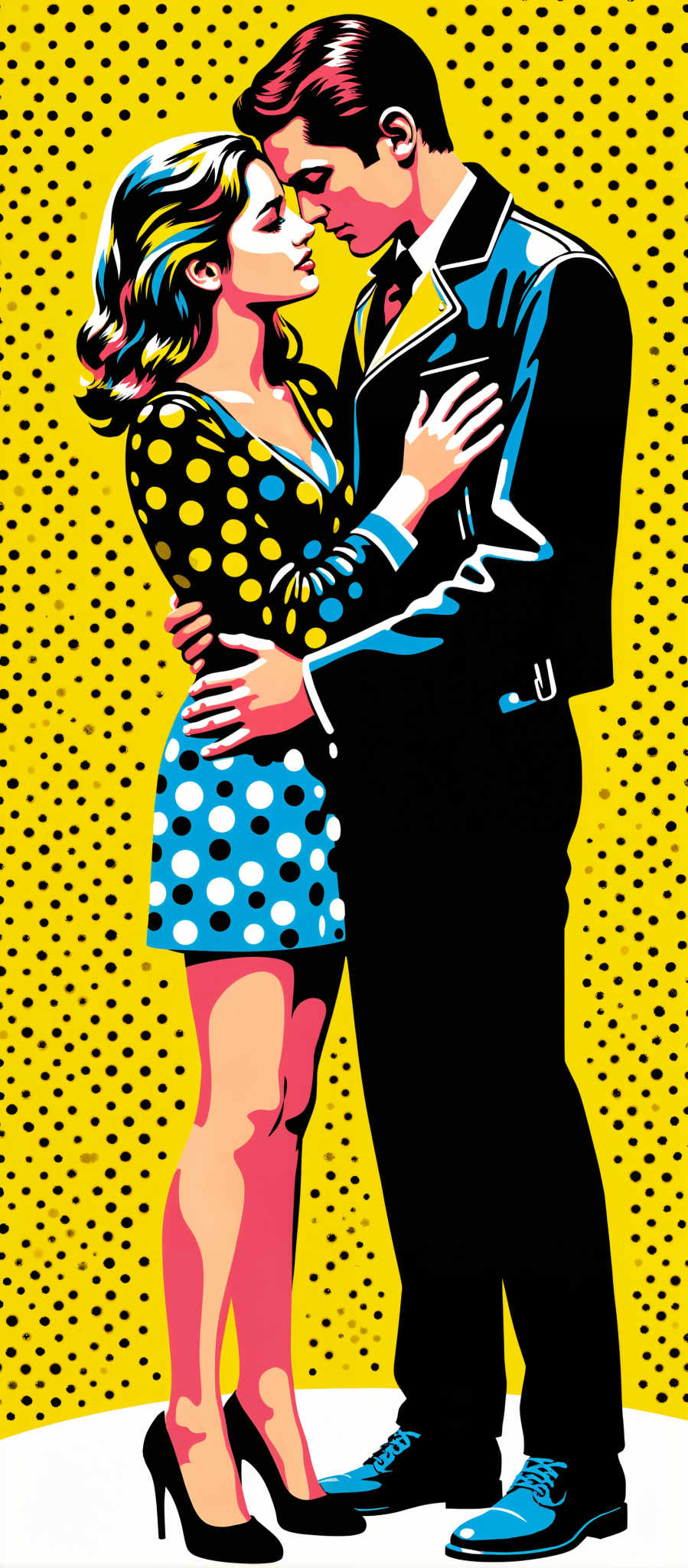 The image portrays a tender moment between a man and a woman. The man dressed in a black suit and the woman adorned in a blue dress speckled with white polka dots are locked in an embrace. Their bodies are close suggesting intimacy and affection. The background is a vibrant yellow dotted with black polka spots adding a playful contrast to the scene. The art style is reminiscent of pop art characterized by bold colors and simple shapes. The subject of the image is the couple and their interaction forms the central motif. The image evokes feelings of love and connection capturing a private moment between two individuals.