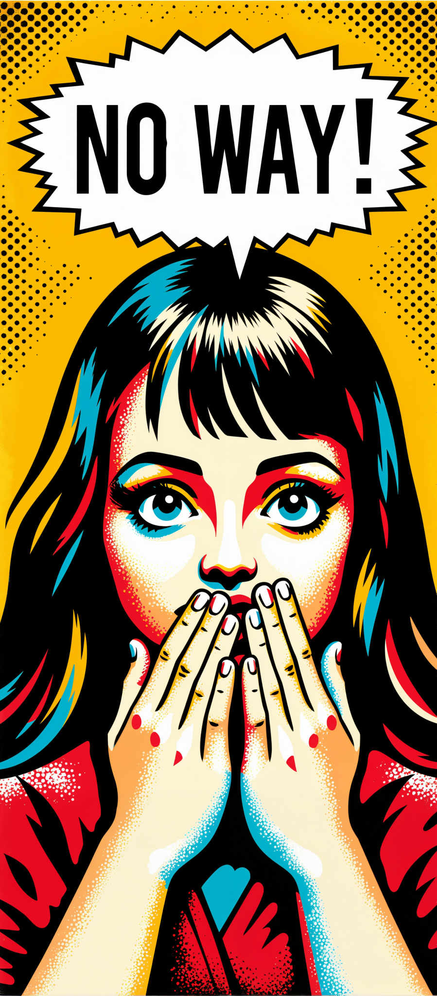 The image portrays a woman with long dark hair. She is wearing a blue dress and has striking blue eyes. The woman is depicted in a cartoon style with bold colors and a vibrant background. She appears to be surprised or shocked as indicated by her hands covering her mouth. The background is a mix of yellow and orange with black polka dots scattered throughout. The overall art style is reminiscent of a comic book or graphic novel. The subject of the image is the woman and the motif is surprise or shock. The image does not contain any text.