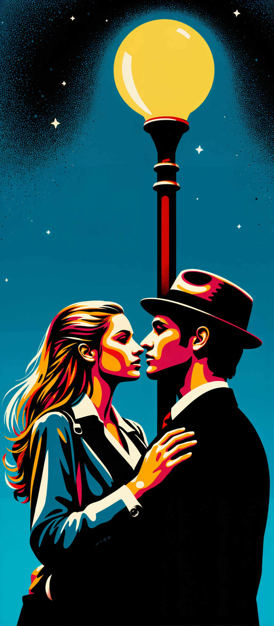 The image portrays a romantic scene set against a vibrant blue sky. A man and a woman are the main subjects standing close together. The man is dressed in a black suit and a red tie while the woman is wearing a blue dress. They are both looking at each other their faces filled with affection. The art style is reminiscent of a painting with bold colors and a sense of movement. The subjects are positioned in the center of the image drawing the viewer's attention to their interaction. The blue sky in the background adds depth to the scene creating a sense that the couple is standing under the vast expanse of the sky. The image does not contain any text. The overall composition of the scene suggests a moment of intimacy and connection between the two individuals.