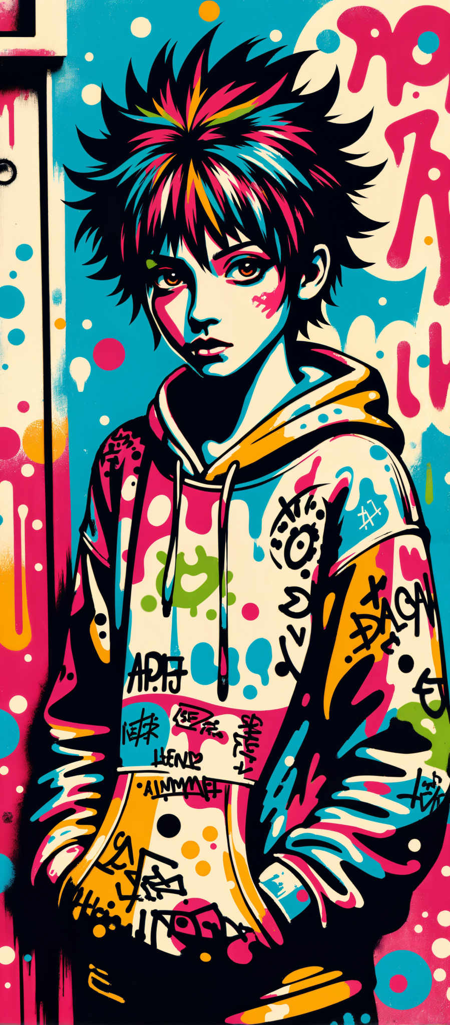 The image portrays a young individual with a rebellious expression their face adorned with a variety of colorful splatters. They are dressed in a vibrant jacket which is also decorated with splatters adding to the overall artistic theme of the image. The art style is reminiscent of graffiti or street art characterized by its bold colors and abstract patterns. The subject of the artwork is a person and the motif revolves around the concept of youth and rebellion. The image evokes a sense of energy and creativity with the bright colors and dynamic splatters drawing the viewer's attention.