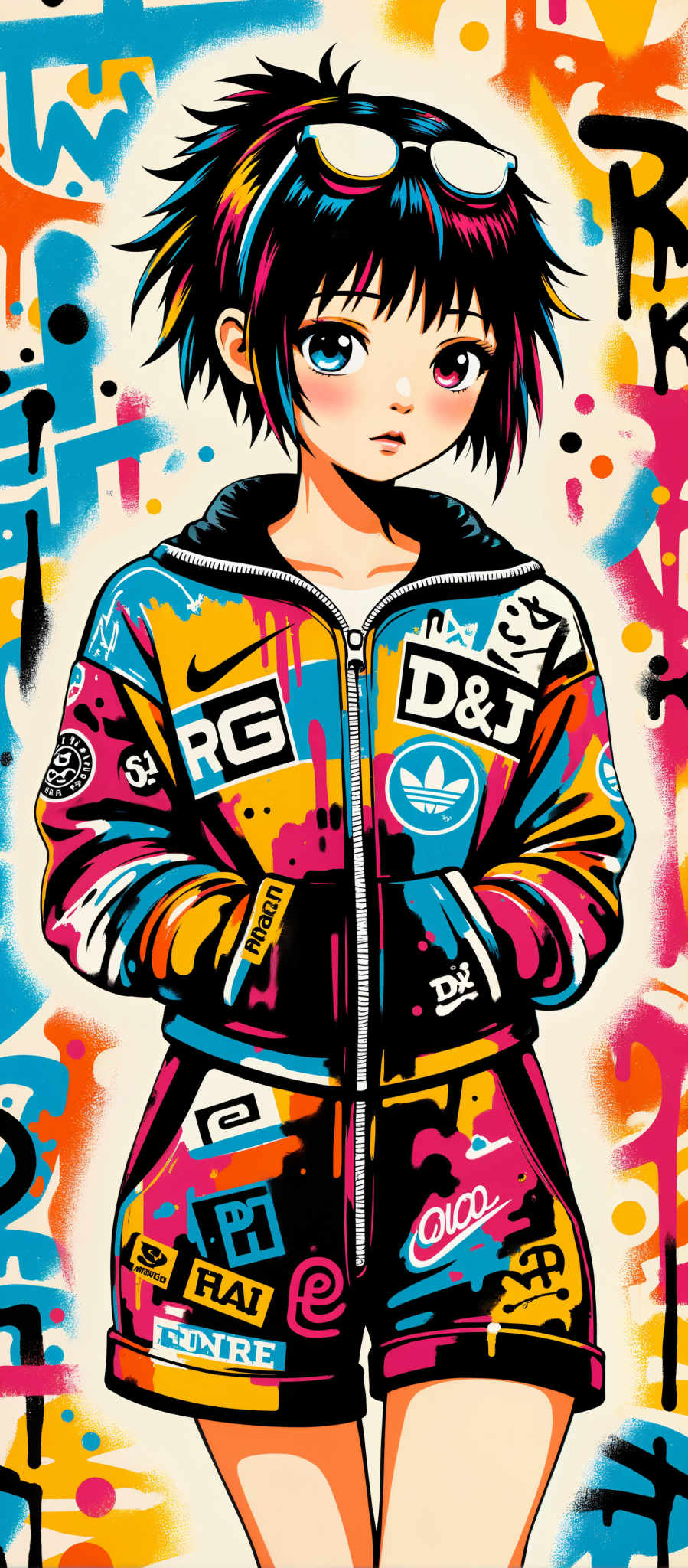 A young girl is the central figure in this vibrant illustration. She is dressed in a jacket that is a riot of colors with the letters "RG" and "D&J" prominently displayed on it. The jacket is a mix of pink blue and yellow hues adding to the overall vibrancy of the image. The girl's hair is black providing a stark contrast to the colorful jacket. The background is a chaotic blend of shapes and lines creating an abstract effect that complements the girl's colorful attire. The art style is reminiscent of graffiti with its bold colors and abstract shapes. The subject of the artwork is the girl who is the focal point of the composition. The motif is the interplay of color shape and form which is beautifully captured in this illustration.