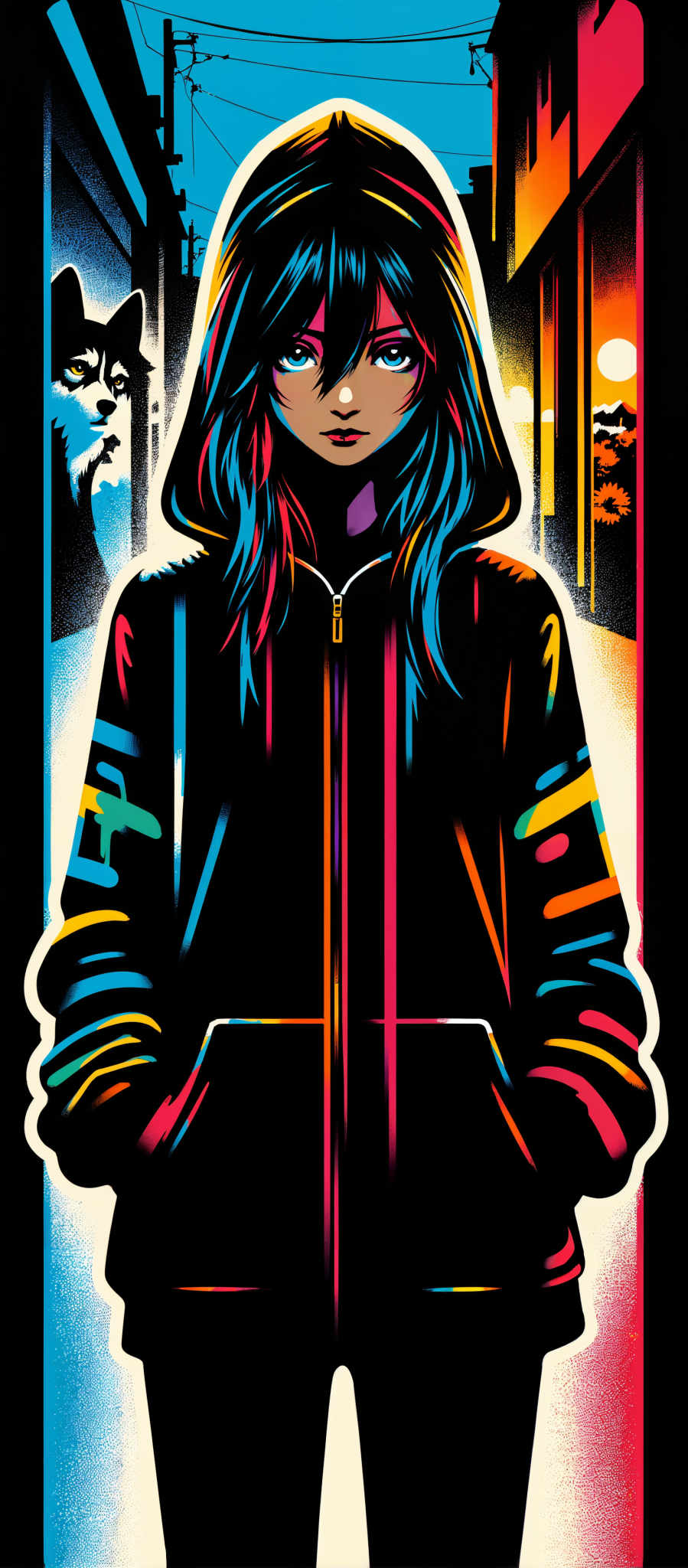 The image portrays a young woman with long dark hair. She is wearing a vibrant colorful jacket that stands out against the dark background. The jacket is adorned with a zipper and has a hood adding to its unique style. The woman is looking directly at the viewer creating a sense of connection. The background is a stark contrast to the woman and her jacket featuring a dark blue color with a subtle pattern. The art style of the image is reminiscent of a painting with bold colors and a focus on the subject. The subject of the artwork is the woman and the motif is the contrast between her colorful jacket and the dark patterned background.