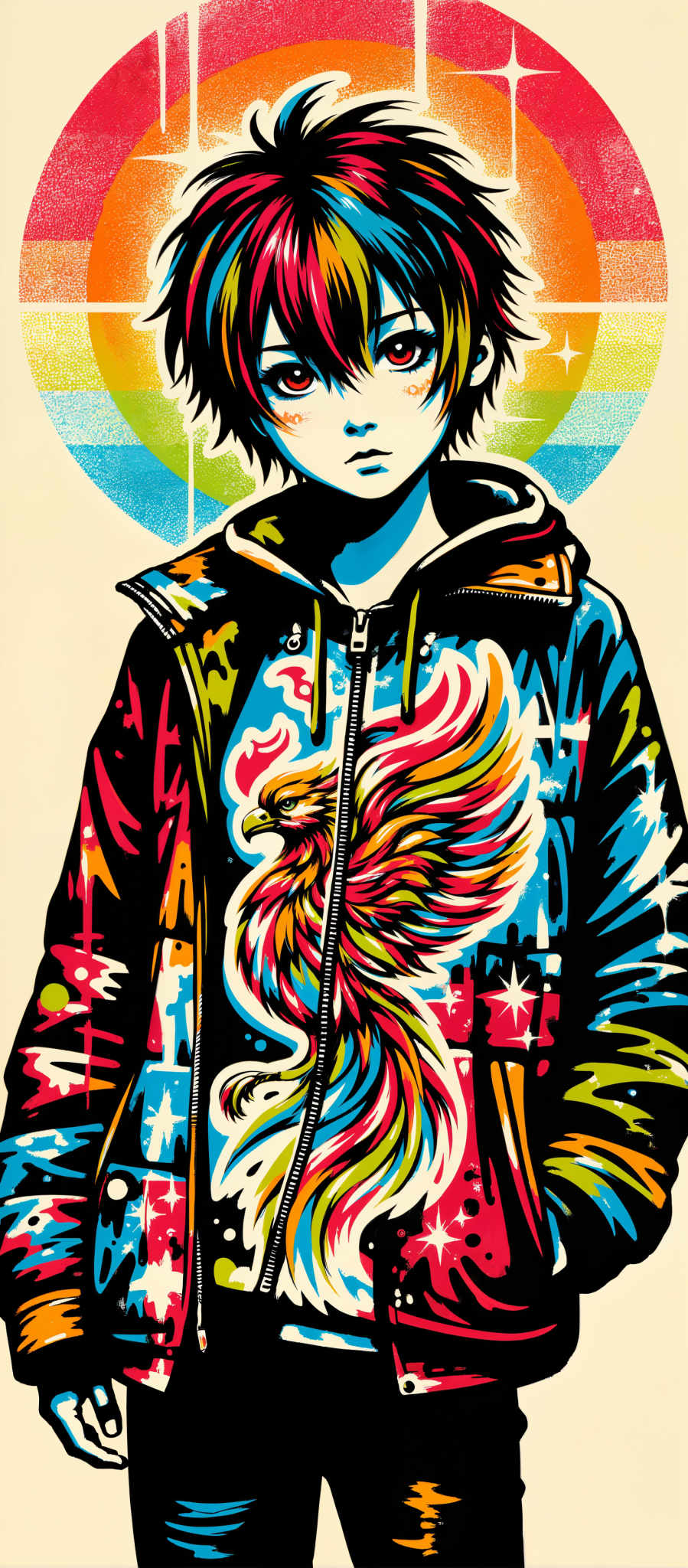 The image portrays a young individual their face partially obscured by a vibrant colorful jacket. The jacket is a riot of colors with a large fiery phoenix design adorning the front. The phoenix a symbol of rebirth and transformation adds a dynamic element to the overall composition. The art style is reminiscent of graffiti or street art characterized by bold lines and bright colors. The subject of the image is a young person their identity partially concealed by the jacket adding an air of mystery. The colors in the image are predominantly blue red and yellow creating a visually striking contrast. The image evokes a sense of youthful energy and creativity.