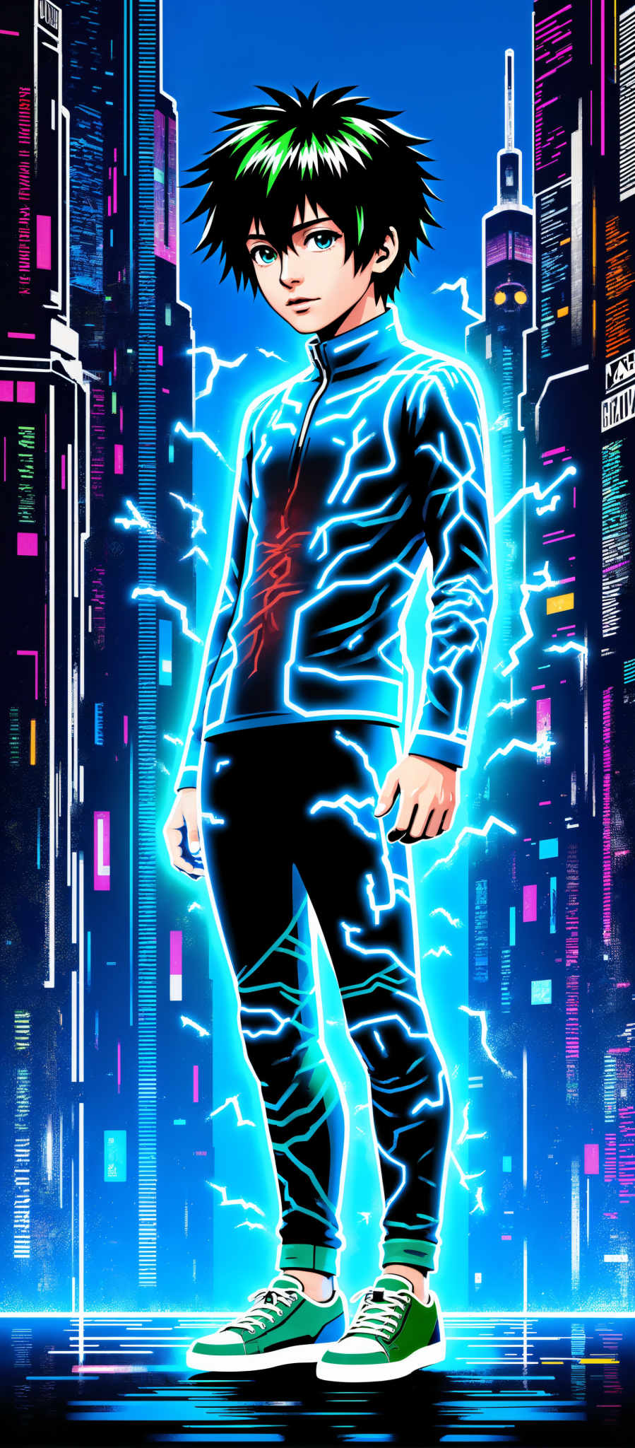 The image portrays a man standing in front of a futuristic cityscape. He is dressed in a black suit with blue and red accents and his arms are crossed. The cityscape is filled with tall buildings and neon lights creating a vibrant and dynamic atmosphere. The art style is reminiscent of a digital illustration with bold lines and bright colors. The subject of the image is a man possibly a businessman or a leader standing confidently in front a futuristic urban environment. The motif of the scene could be related to technology progress or innovation.