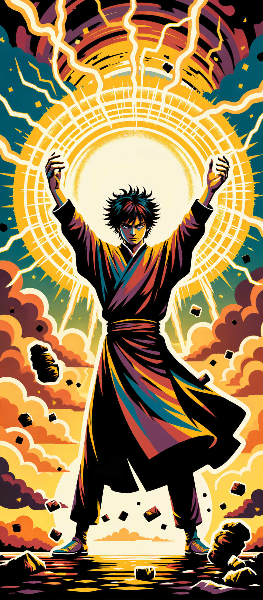 The image portrays a young man with spiky hair dressed in a vibrant robe. He stands with his arms raised as if in a state of triumph or exultation. The background is a riot of colors with a large sunburst illuminating the scene. The art style is reminiscent of Japanese manga characterized by bold lines and bright colors. The subject appears to be a warrior or samurai suggesting a theme of courage and valor. The motif of the sunburst could symbolize enlightenment or victory. The overall composition creates a sense of dynamic energy and movement.