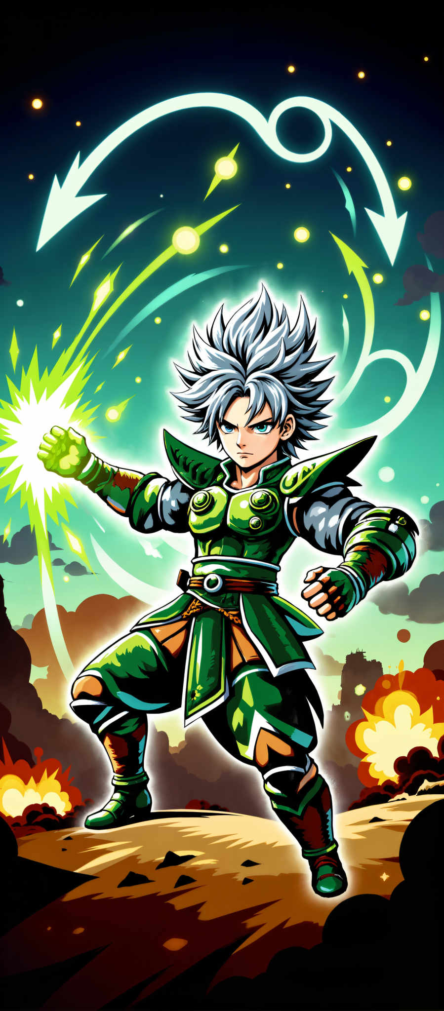 The image portrays a young man with spiky hair dressed in a green and gold outfit. He is holding a green orb in his right hand and a sword in his left. The background is a dark blue sky with white clouds and a cityscape. The art style is reminiscent of anime. The subject appears to be a warrior or hero and the motif could be related to fantasy or adventure. The colors are vibrant with the green and yellow of the outfit standing out against the blue sky. The image evokes a sense of power and determination.