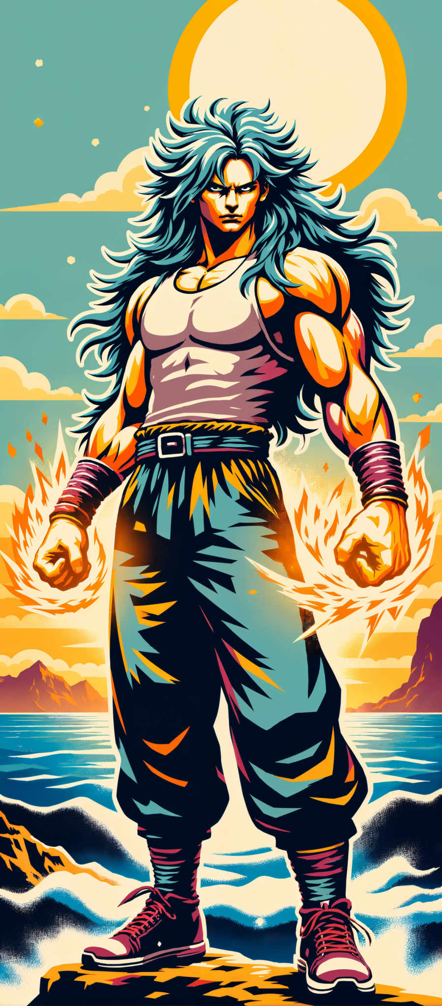 The image portrays a muscular man with long hair standing on a cliff overlooking the ocean. He is dressed in blue pants and a yellow belt and his arms are flexed showcasing his strength. The art style is reminiscent of Japanese manga with bold lines and bright colors. The man's pose and the dramatic background create a sense of power and determination. The colors are vibrant with the man's blue pants contrasting against the yellow belt and the orange sky. The ocean in the background adds a calming element to the otherwise intense scene. The image does not contain any text.