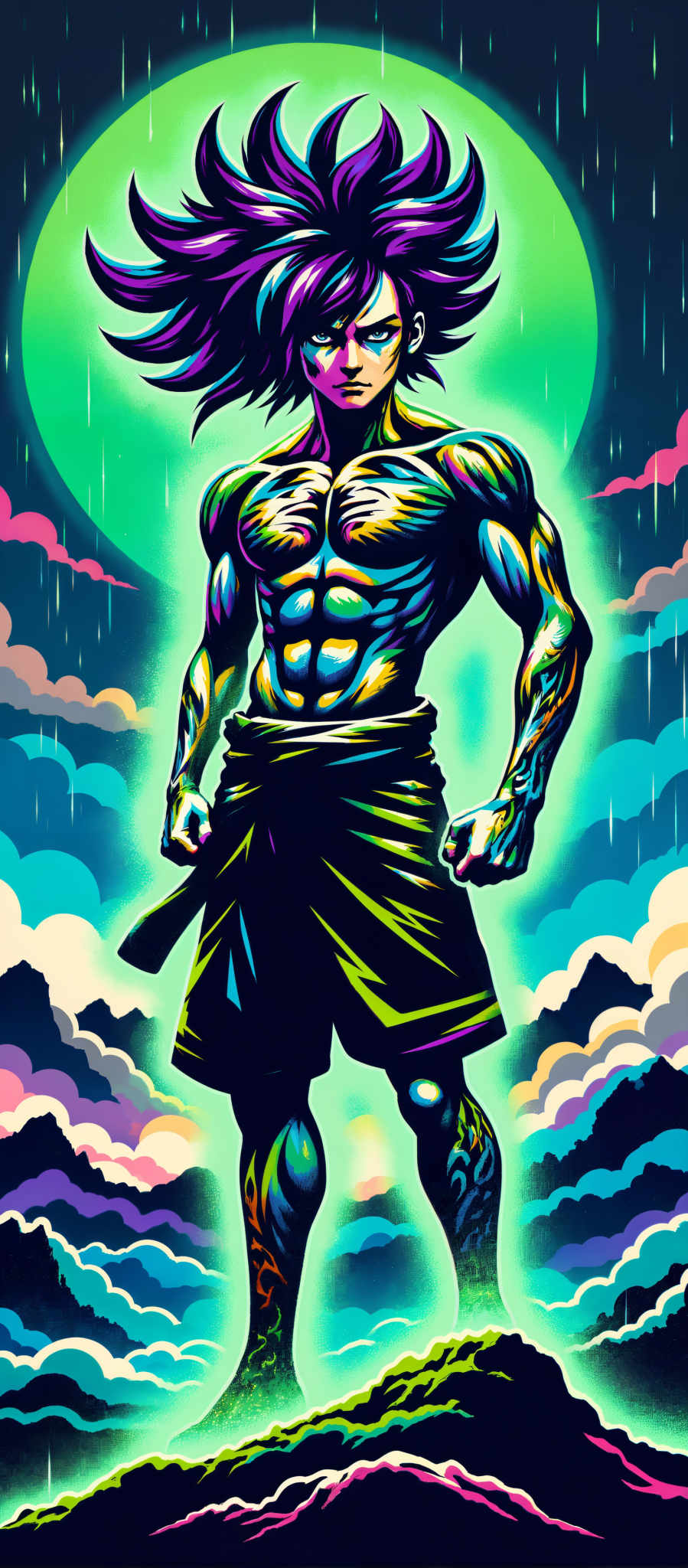 The image portrays a muscular man with long hair standing in a dynamic pose with his arms outstretched. He is dressed in a black and green outfit and his skin is painted in shades of blue and green. The background is a vibrant mix of blue green and pink clouds creating a dreamy and surreal atmosphere. The art style is reminiscent of digital painting with bold colors and a focus on the figure's muscular physique. The subject is a muscular figure and the motif is a surreal dreamy landscape. The image evokes a sense of power and strength with the figure standing confidently against the colorful backdrop.