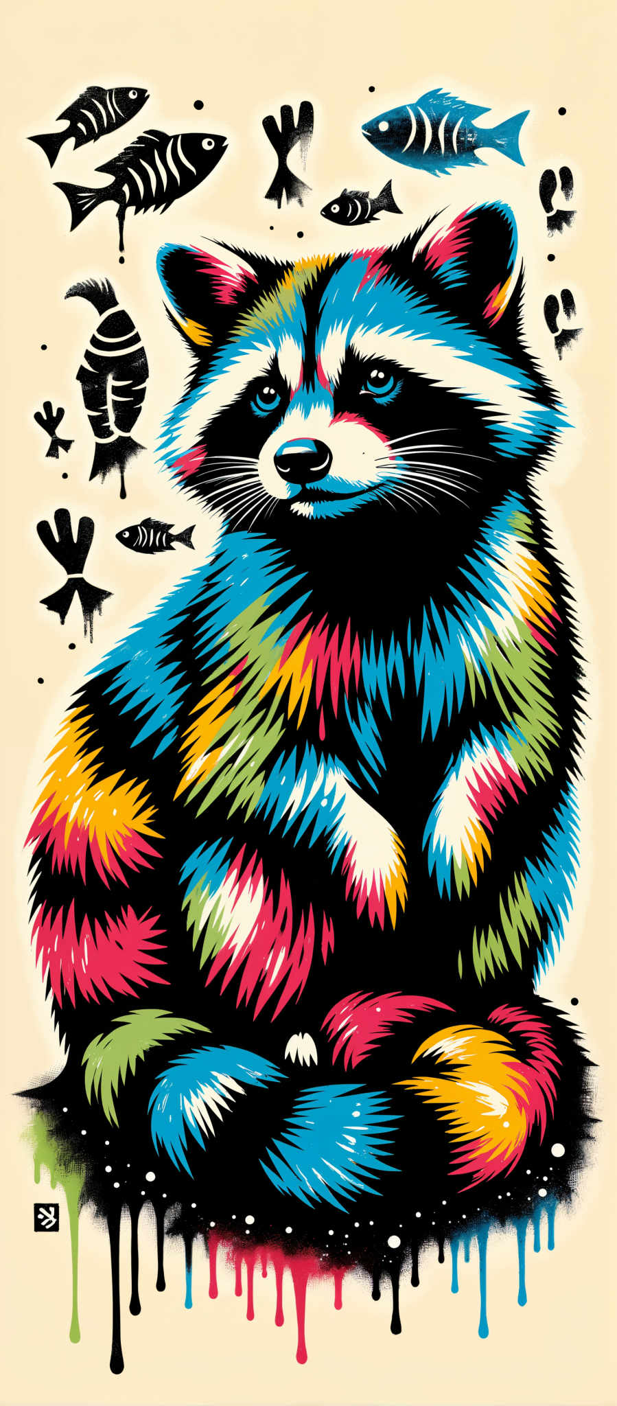 The image portrays a vibrant scene featuring a red panda. The panda with its striking red fur is the central figure in the image. It is sitting upright on its hind legs giving it a playful and curious appearance. The background is a light beige color providing a neutral backdrop that allows the panda to stand out.

Scattered around the panda are various objects that add to the overall theme of the image: a fish a bird and a leaf. These elements suggest that the panda is in a natural habitat possibly a forest or a jungle. The fish and bird are depicted in a realistic style while the leaf is illustrated in a more abstract manner adding a touch of whimsy to the scene.

The art style of the illustration is reminiscent of a children's book or a comic book with bold lines and bright colors. This style gives the image a dynamic and energetic feel. The overall mood of the scene is cheerful and light-hearted with the red panda appearing to be enjoying its time in the wild.

The image does not contain any text or captions and there are no discernible actions taking place. The relative positions of the objects suggest a random natural setting with no specific arrangement or pattern. The image is a delightful representation of a red pandas' life in the forest captured in a playful cartoon-like style.