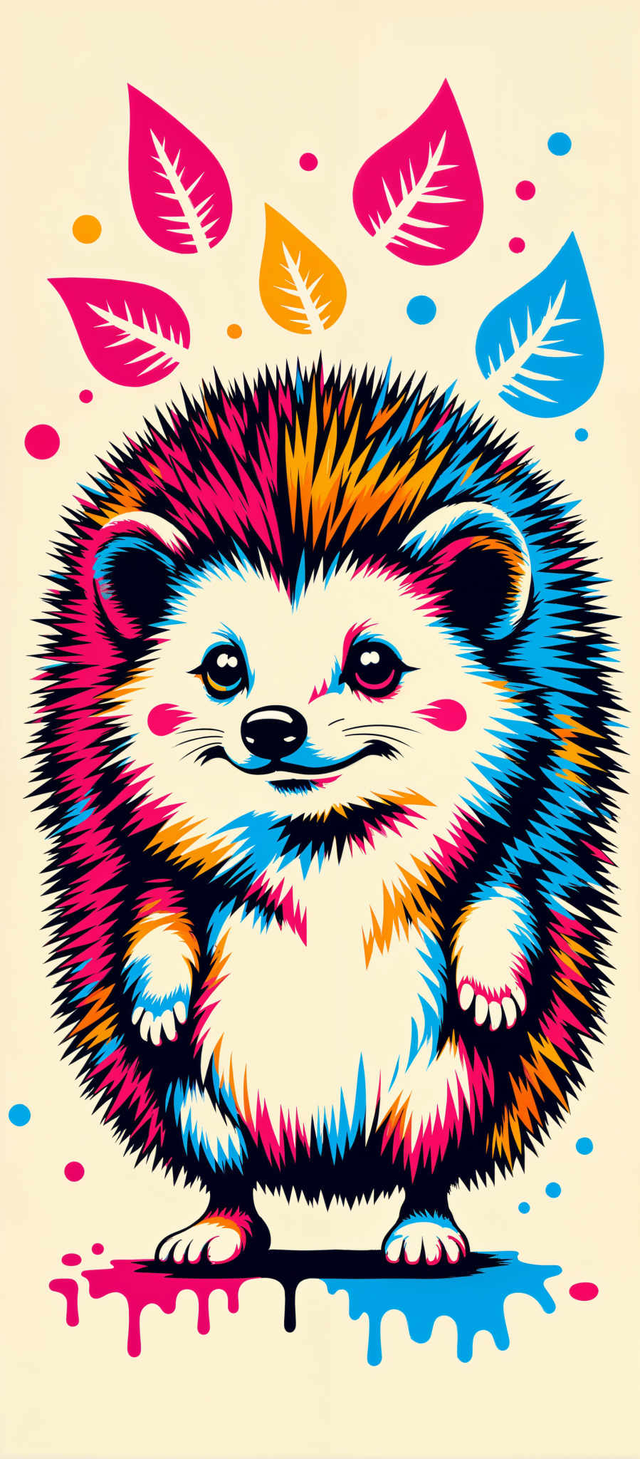 The image presents a vibrant and whimsical scene featuring a hedgehog as the central figure. The hedgehog characterized by its pink and blue hues is adorned with a yellow and orange striped pattern on its body. Its eyes a striking blue are accentuated by black eyelashes adding a touch of charm to its appearance. The mouth of the hedgehog is a cheerful yellow complementing its overall color scheme.

The hedgehog's arms and legs are a contrasting blue providing a balance to the colorful body. The background is a light beige color providing an elegant backdrop that allows the hedge hog to stand out. Scattered throughout the background are small blue and pink circles adding an element of whimsy to the scene.

The art style of the image is reminiscent of a children's illustration with its bright colors and playful design. The subject of the artwork is a hedge hog a creature often associated with the garden or forest. The motif of the scene is one of joy and playfulness as evidenced by the cheerful expression of the hedg hog and the whimsical background elements. The image does not contain any text or other discernible objects. The relative positions of the objects are such that the hedge pig is centrally located with the background elements dispersed around it. The colors object types and their actions have been described as accurately as possible based on the image.