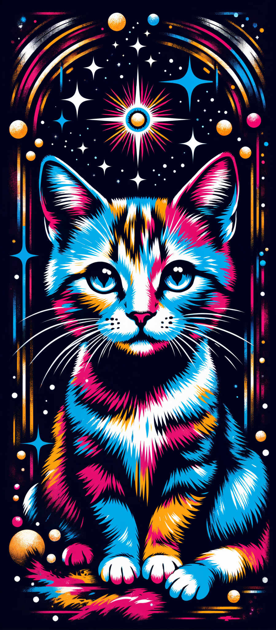 The image presents a captivating scene of a cat painted in a vibrant palette of blue pink and yellow. The cat's eyes a striking blue are the focal point of the image drawing the viewer's attention. The background is a stark black punctuated by colorful lines and dots that add depth and dimension to the composition. The art style is reminiscent of a digital illustration with bold lines and bright colors that create a sense of energy and dynamism. The subject of the artwork is a cat's face captured in a close-up shot that emphasizes the cat's features and expressions. The motif of the painting is the cat depicted in a playful and whimsical manner that evokes a sense curiosity and wonder. The image is a celebration of color and form capturing the essence of the cat in a visually engaging manner.