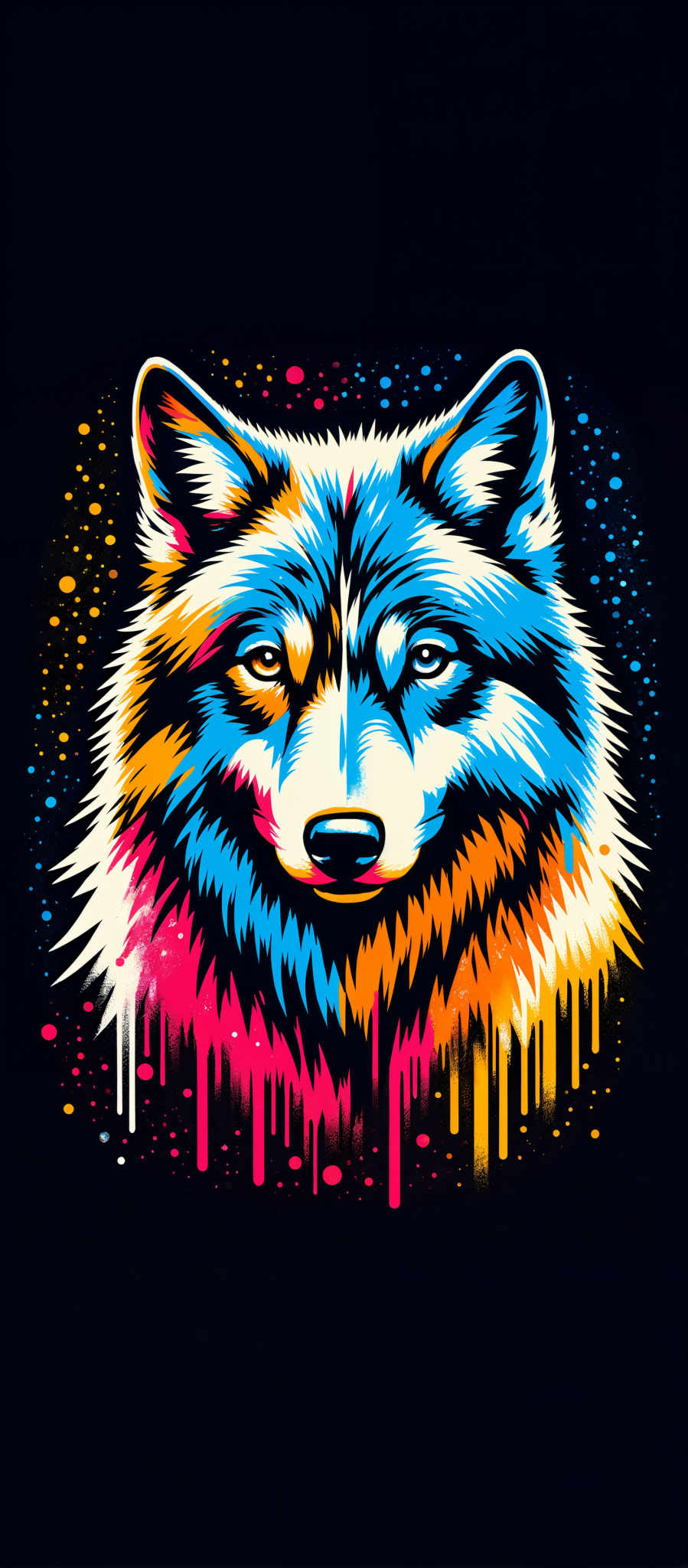 The image presents a captivating scene of a wolf's head rendered in a vibrant and abstract style. The wolf's face the central focus of the image is depicted in a striking blue color with its eyes and nose rendered in white. The fur of the wolf is represented in a mix of orange and yellow hues adding a warm contrast to the cool tones of the eyes and fur. The background is a stark black providing a strong contrast to highlight the wolf's features. Scattered throughout the image are splashes of pink and orange adding an element of dynamism and energy to the overall composition. The art style of the piece is abstract with the use of bold colors and lines to create a sense of movement and energy. The subject of the artwork is the wolf a symbol of strength and resilience. The motif of the art piece is the interplay of light and shadow color and contrast creating a visually striking image that draws the viewer in.