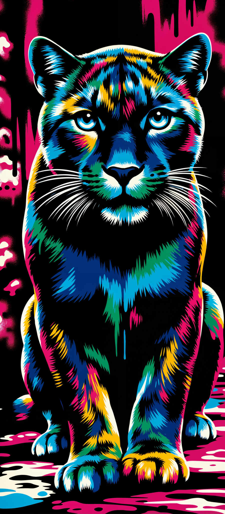 The image presents a captivating scene of a cat painted in a vibrant array of colors. The cat the central figure of the image is depicted in a close-up view its face and body filling the frame. The colors used to depict the cat are a mix of blue green pink and yellow creating a lively and dynamic visual effect. The art style of the painting is abstract with bold lines and shapes contributing to the overall composition. The subject of the artwork is a cat's face and upper body with the cat's eyes and nose being particularly prominent. The motif of the piece is the celebration of color and form as seen through the depiction of the cat. The image does not contain any text or other discernible objects. The relative position of the colors and shapes within the image creates a harmonious balance making the artwork visually appealing.