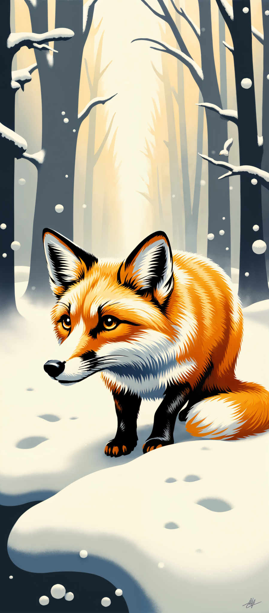 The image portrays a captivating scene of a red fox in a snowy forest. The fox with its vibrant orange fur and white underbelly is the central figure in the image. It is standing on its hind legs its front paws raised as if it's about to pounce or jump. The forest around the fox is filled with snow-covered trees creating a serene and tranquil atmosphere. The art style of the image is reminiscent of a painting with the fox and the forest depicted in a realistic manner. The image evokes a sense of adventure and the wild beauty of nature.