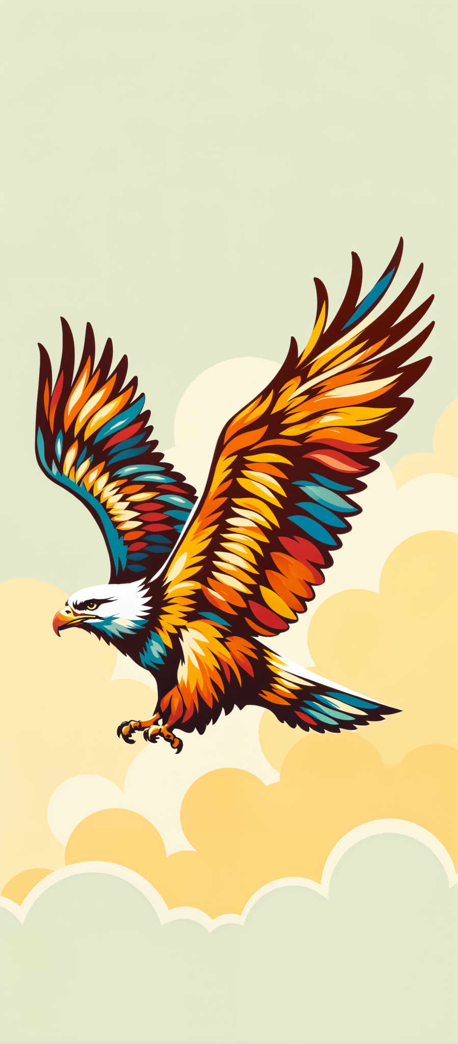 The image portrays a majestic eagle in mid-flight its wings spread wide in a display of power and freedom. The eagle's body is a vibrant mix of orange and yellow contrasting beautifully with its white head and tail. The wings are a striking blue adorned with red and orange stripes that add to the bird's regal appearance. The background is a light yellow speckled with white clouds that give the impression of a clear sunny day. The art style is reminiscent of a stained glass window with the eagle's colors and the background's design creating a captivating visual effect. The subject of the image is the eagle a symbol of strength and courage soaring through the sky. The motif of the eagle in flight could be interpreted as a representation of freedom and the limitless possibilities of the future.