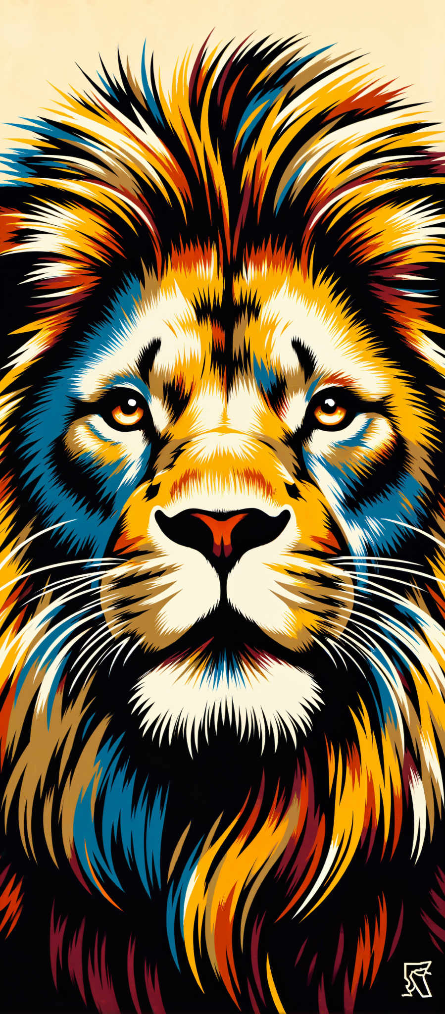 The image presents a close-up view of a majestic tiger's face. The tiger's fur is a vibrant mix of orange and yellow with black stripes adding depth and contrast. The eyes a striking blue gaze directly into the viewer creating a sense of connection. The nose a prominent feature is a deep black adding to the tiger's fierce appearance. The background is a stark black which makes the tiger stand out even more. The art style is reminiscent of a painting with the tiger appearing almost lifelike. The subject of the image is the tiger and the motif is the raw power and beauty of nature. The image evokes a sense awe and respect for the tiger and the natural world.