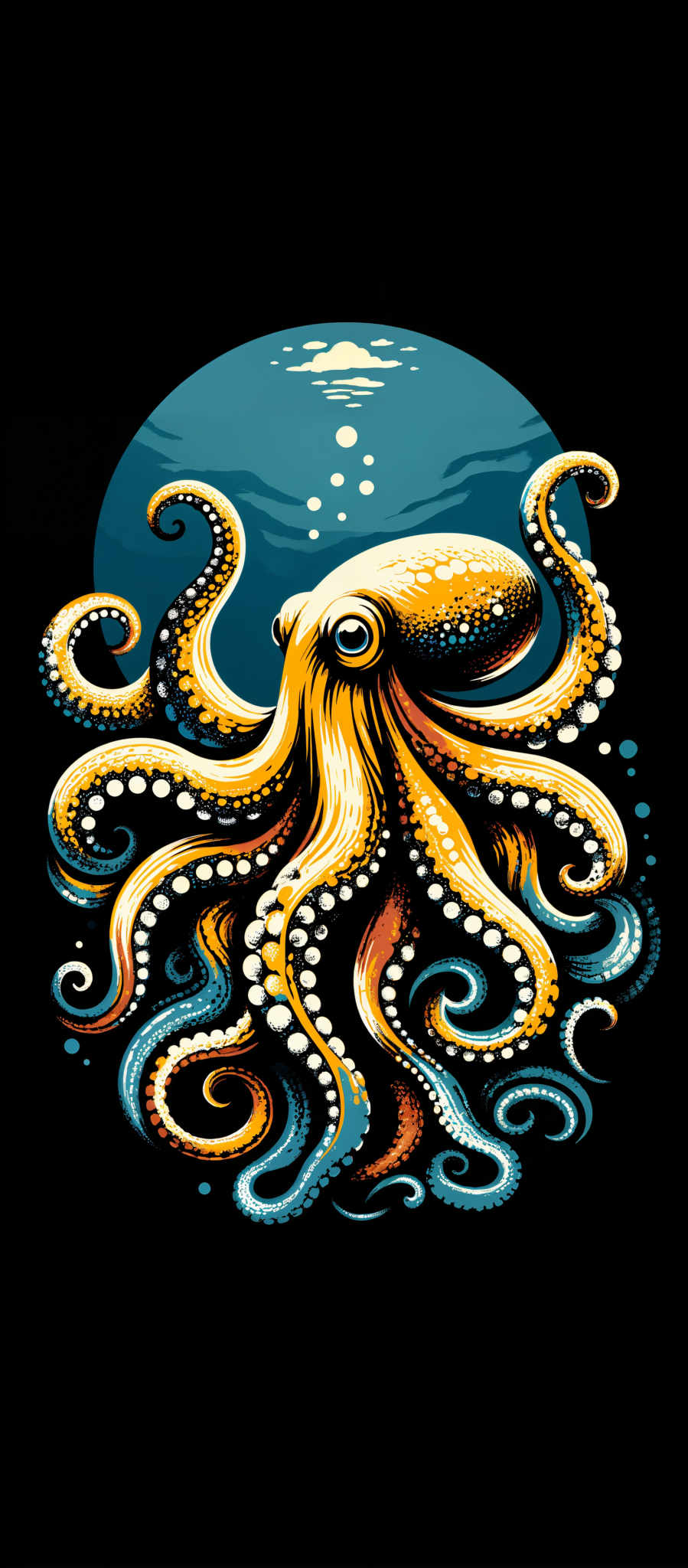 The image portrays a large yellow octopus with blue tentacles. The octopus is the central figure in the image with its tentacles spread out in a display of its size and form. The background is a dark blue with a subtle hint of a mountain range in the distance adding depth to the scene. The art style is reminiscent of a painting with the octopus and its tentiles being the main focus. The image evokes a sense of wonder and curiosity as the octpus seems to be exploring its surroundings. The colors used are vibrant with yellow and blue being the most prominent. The overall mood of the image is mysterious and intriguing inviting the viewer to imagine what lies beneath the surface.