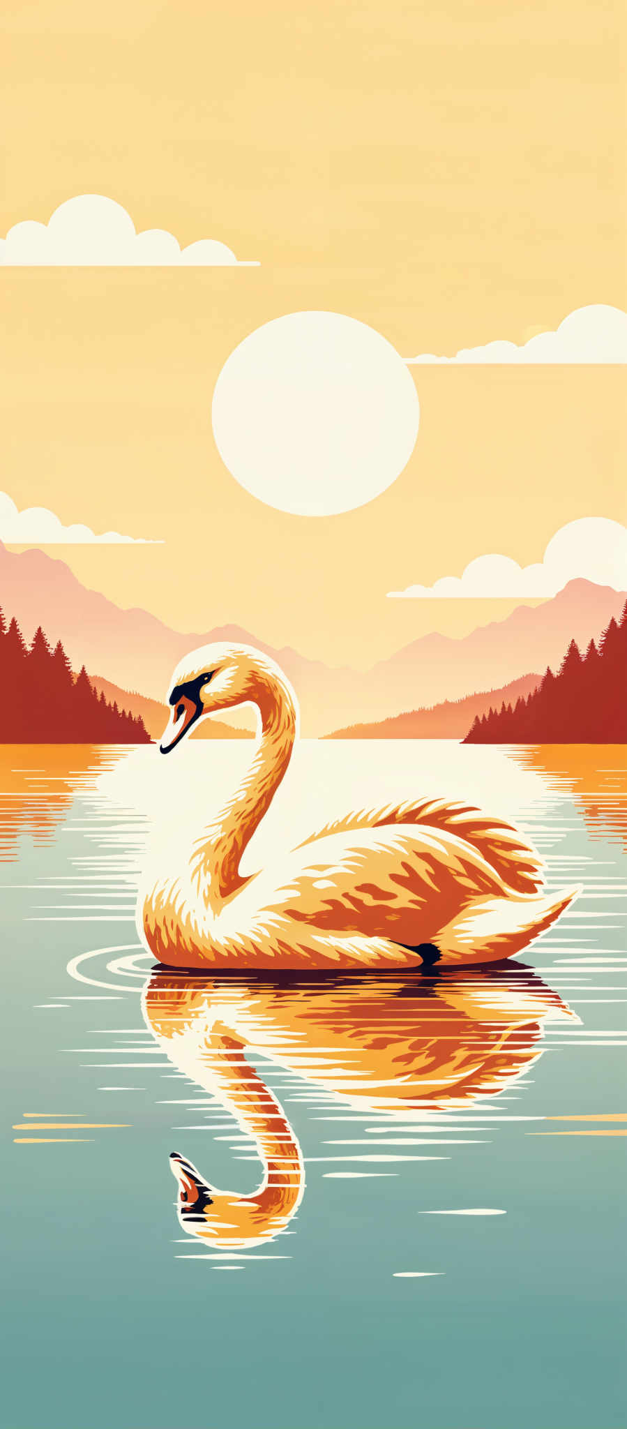 The image portrays a serene scene of a golden swan gracefully floating on a tranquil lake. The swan with its wings spread wide is the central figure in the image exuding a sense of calm and tranquility. The lake painted in a soothing light blue mirrors the swan and the surrounding scenery adding depth to the scene. 

In the background a majestic mountain range stretches across the horizon its peaks tinged with a soft pink hue. The mountains are adorned with a scattering of trees their green foliage contrasting beautifully with the pink mountains. Above the sky is a light orange with a large white sun positioned in the top left corner casting a warm glow over the entire scene.

The art style of the image is reminiscent of impressionism characterized by its loose brushstrokes and emphasis on light and color. The overall mood of the painting is peaceful and serene inviting the viewer to lose themselves in the beauty of nature. The image is a perfect representation of a swan in its natural habitat capturing the essence of tranquility and grace.