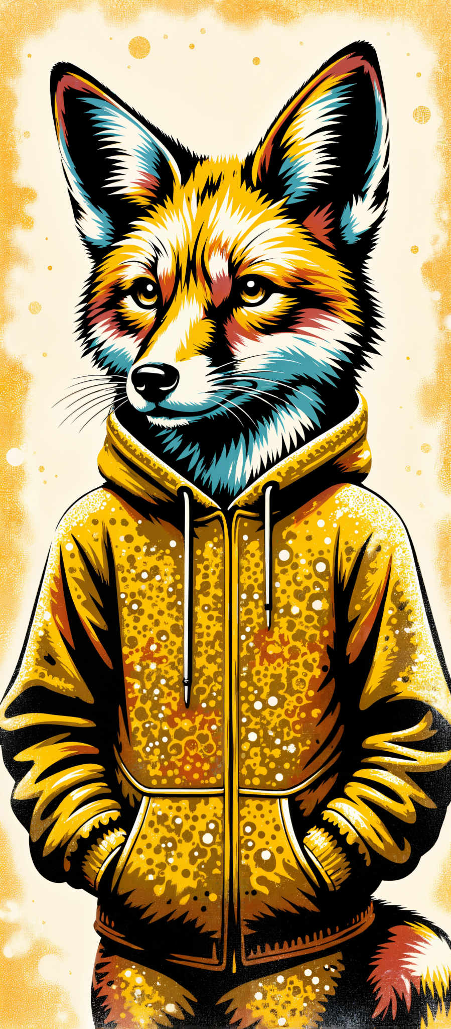 The image portrays a fox a symbol of cunning and adaptability standing upright on its hind legs. The fox is adorned with a yellow jacket speckled with black spots adding a touch of whimsy to its appearance. The jacket is detailed with a black zipper and two black buttons providing a stark contrast against the yellow fabric. The background is a light yellow color specks of white and orange scattered throughout creating a warm and inviting atmosphere. The art style is reminiscent of a cartoon with bold lines and bright colors. The image evokes a sense of curiosity and playfulness as the fox seems to be inviting the viewer into its world.