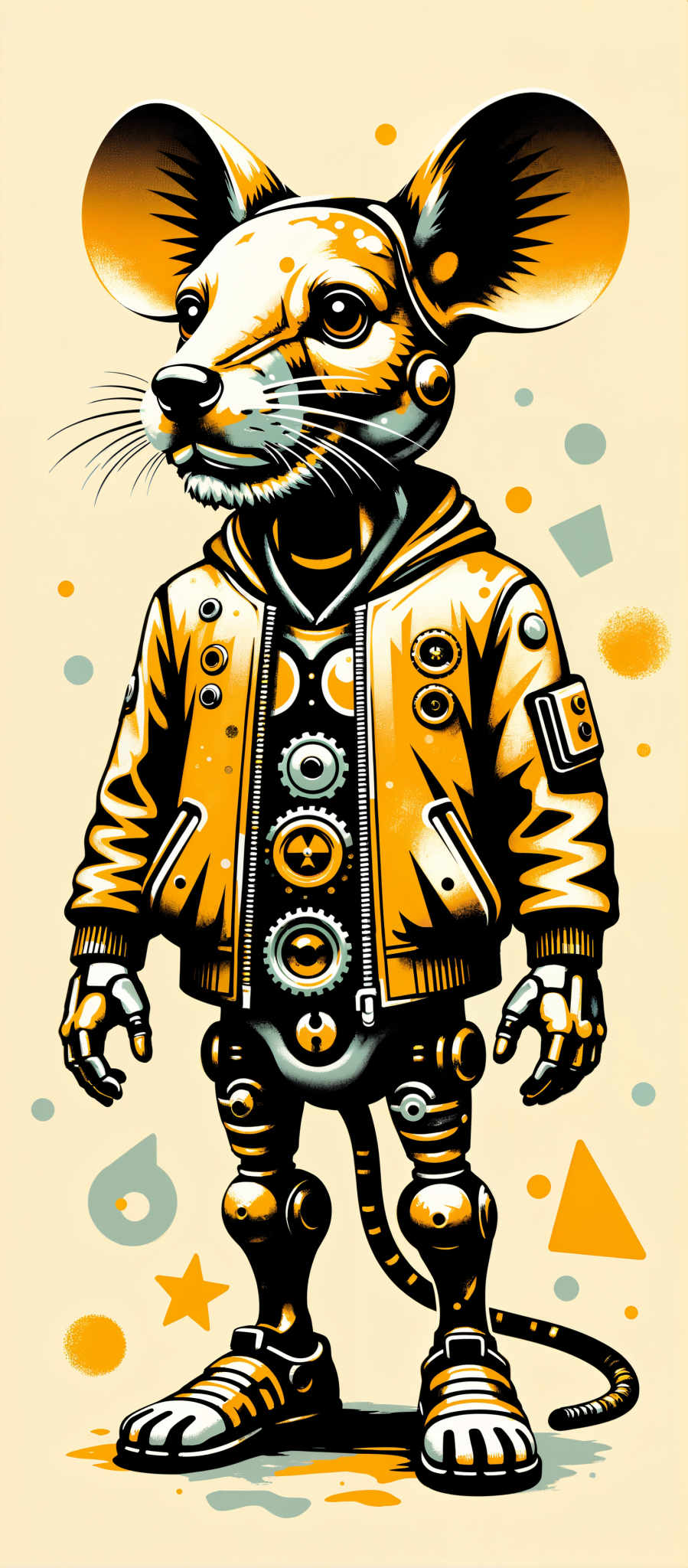 The image portrays a cat-like figure standing upright with its arms and legs spread out. The figure is adorned in a yellow jacket which is embellished with a series of circular buttons and zippers. The jacket is unzipped revealing a white shirt underneath. The background is a vibrant yellow speckled with orange and blue circles. The art style is reminiscent of a comic book illustration with bold lines and bright colors. The subject appears to be a robot or cyborg given its mechanical appearance. The motif of the image is futuristic and playful evoking a sense of whimsy and innovation.