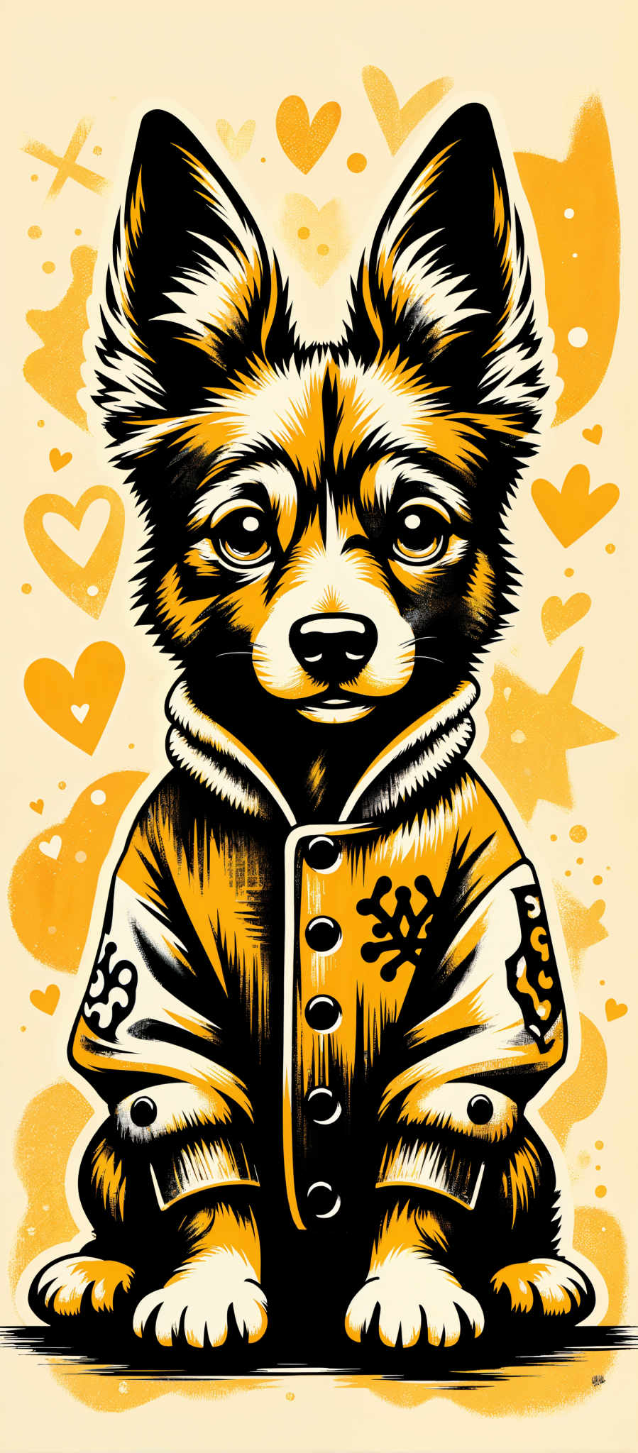 The image portrays a charming scene featuring a red panda. The panda with its fur in shades of red and brown is the central figure in the image. It is dressed in a yellow jacket adorned with black buttons adding a touch of whimsy to its appearance. The background is a light yellow color providing a warm and inviting atmosphere. Scattered throughout the background are orange hearts and stars further enhancing the playful theme of the image.

The panda's gaze is directed straight at the viewer creating a sense of connection and engagement. Its expression is one of sadness evoking an emotional response from the viewer. The art style of the illustration is reminiscent of a watercolor painting characterized by its soft fluid lines and pastel colors. The overall composition of the elements in the background and the panda's attire suggest a theme of love and hope. The image does not contain any text or other discernible objects. The relative positions of the objects remain consistent throughout the image with the panda centrally located and the hearts and star scattered around it. The colors object types and their actions have been described as accurately as possible based on the image content.