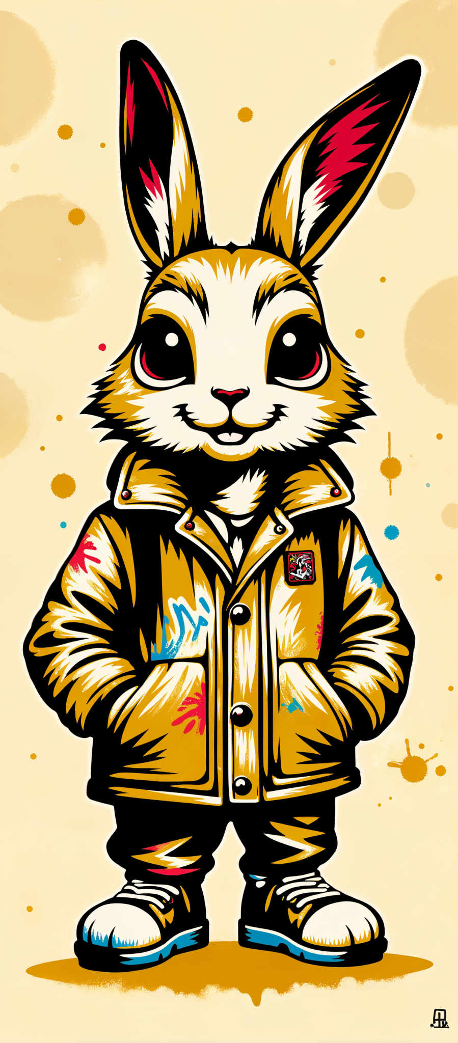 The image portrays a charming cartoon rabbit exuding a sense of joy and warmth. The rabbit with its fur in shades of brown and white is adorned with a yellow jacket that features a red and white patch on the left chest. The jacket is further embellished with blue and pink splashes adding a playful touch to the overall appearance. The bunny's eyes a striking blue are accentuated by rosy cheeks giving it a lively and endearing expression. The background is a light yellow speckled with orange and blue dots creating a cheerful and whimsical atmosphere. The art style is reminiscent of classic cartoons with a focus on simplicity and charm. The subject of the image is the rabbit and the motif revolves around its cheerful demeanor and the vibrant colors used in the illustration.