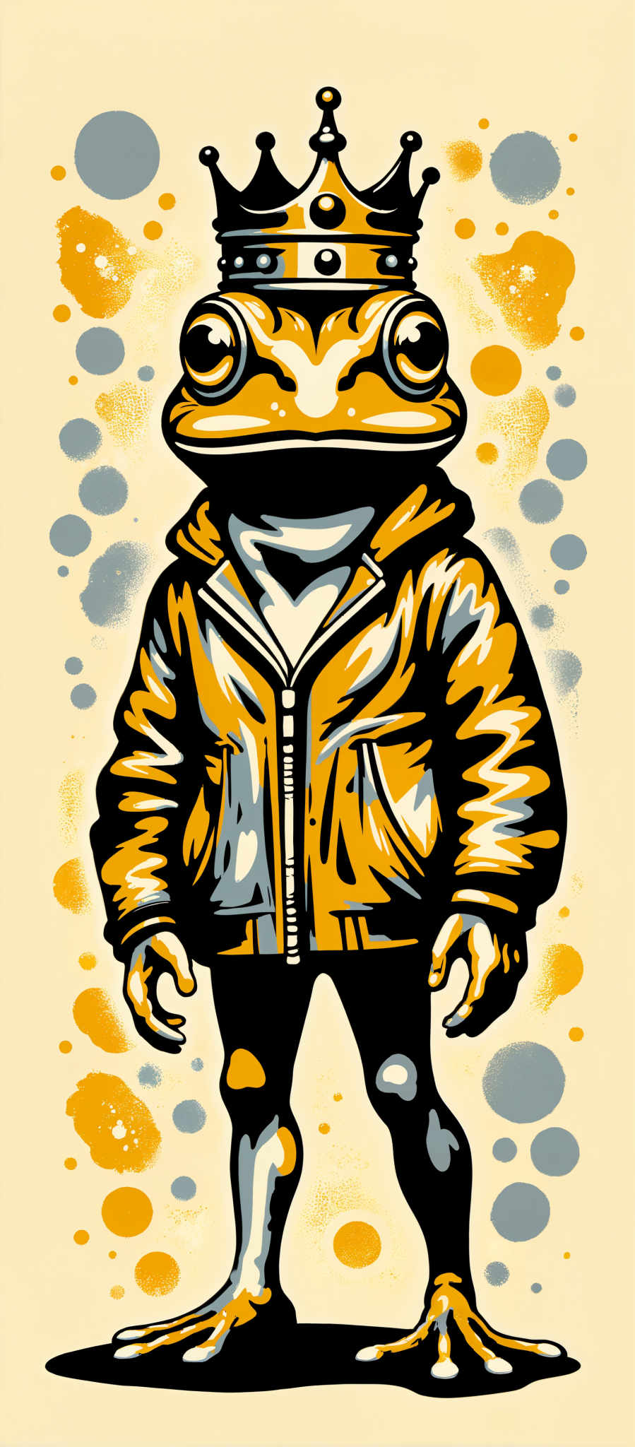 The image portrays a person standing with their arms crossed. The person is wearing a yellow jacket with a white hood and a white zipper. The jacket is adorned with a black and white pattern on the sleeves. The background is a vibrant yellow with blue and orange splatters scattered throughout. The art style is reminiscent of graffiti and the subject appears to be a cartoon or graphic illustration. The motif is a person dressed in a yellow outfit standing against a colorful background.