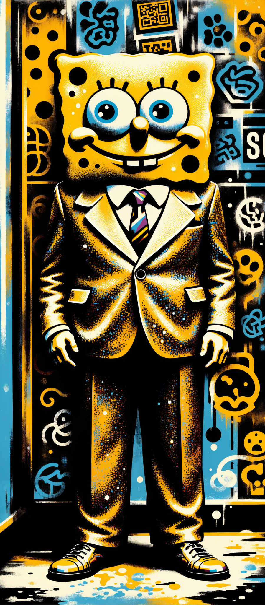 The image portrays a man dressed in a gold suit standing in front of a black background adorned with blue and yellow designs. The man's suit is complemented by a striped tie adding a touch of elegance to his attire. The art style of the image is reminiscent of a painting with the man's figure and the background designs being the main focus. The subject of the painting is the man who appears to be the central figure in the composition. The motif of the artwork is the interplay between the man and the vibrant background creating a visually striking contrast. The image evokes a sense of sophistication and intrigue inviting viewers to explore its details further.