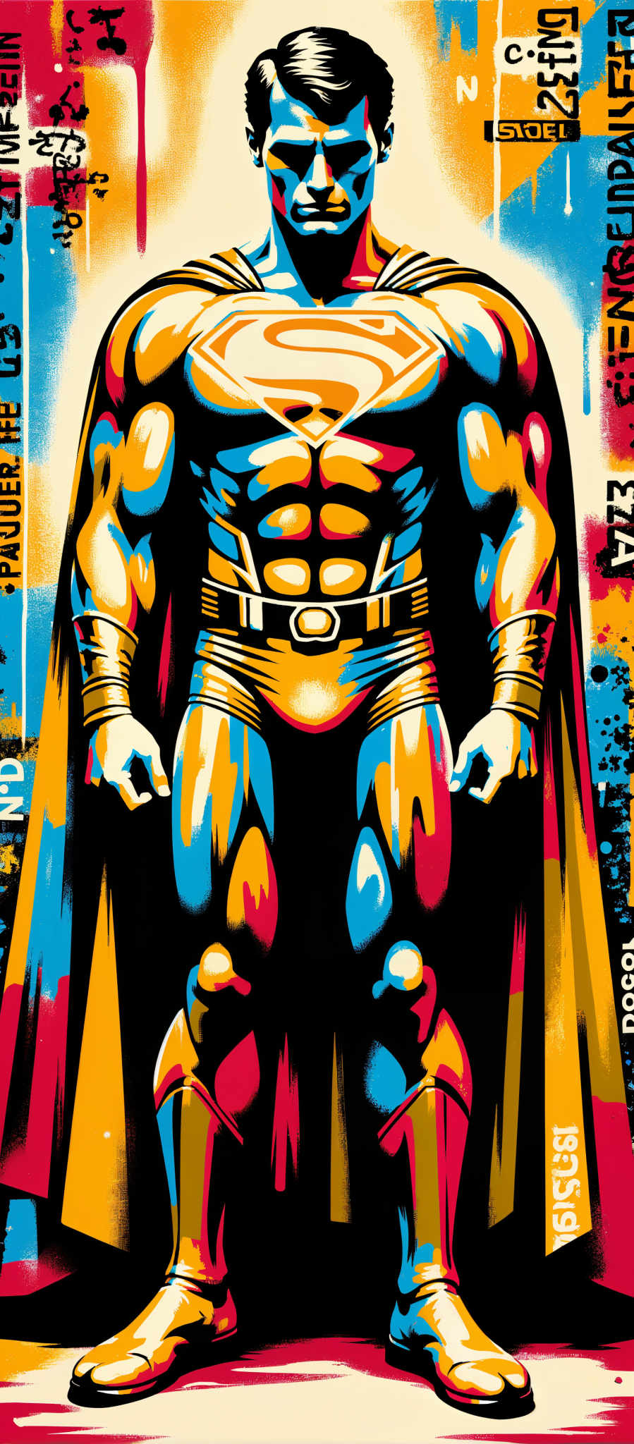 The image portrays a superhero in a dynamic pose. The superhero is clad in a suit that is predominantly blue and yellow with a black cape flowing behind. The suit is adorned with a gold emblem on the chest adding a touch of elegance to the ensemble. The background is a vibrant mix of blue yellow and red creating a visually striking contrast with the superhero. The art style is reminiscent of comic books with bold lines and bright colors. The subject of the image is a superhero and the motif is the classic superhero theme of courage and justice. The image evokes a sense of excitement and adventure capturing the essence of the superhero genre.