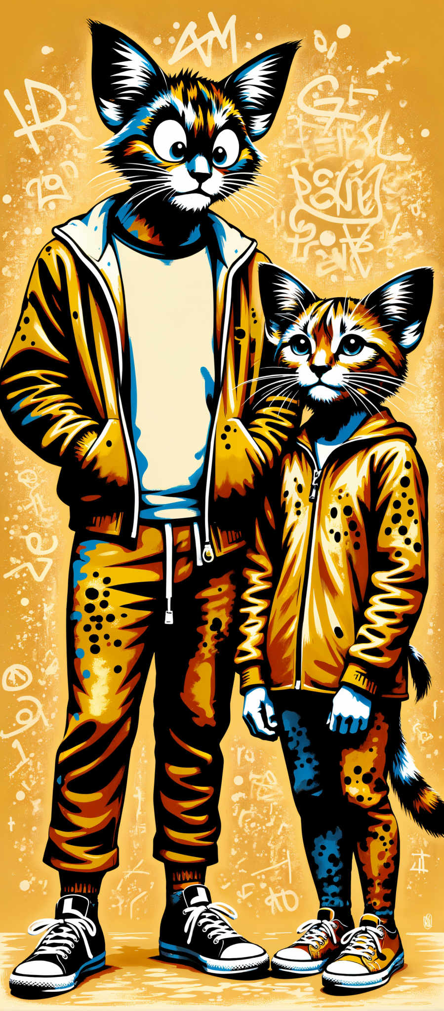 The image portrays a whimsical scene featuring a cat and a person. The cat with its striking blue eyes is the focal point of the image. It's dressed in a yellow hoodie adorned with black spots adding a playful touch to its appearance. The person standing next to the cat is clad in a blue jacket and yellow pants mirroring the cat's vibrant attire. The background is a warm yellow speckled with black polka dots enhancing the overall cheerful mood of the artwork. The art style is reminiscent of pop art characterized by bold colors and simple shapes. The subject of the art is a cat and the motif is a person dressed in matching colors. The image is a delightful blend of color and whimsy capturing the viewer's attention with its unique composition.