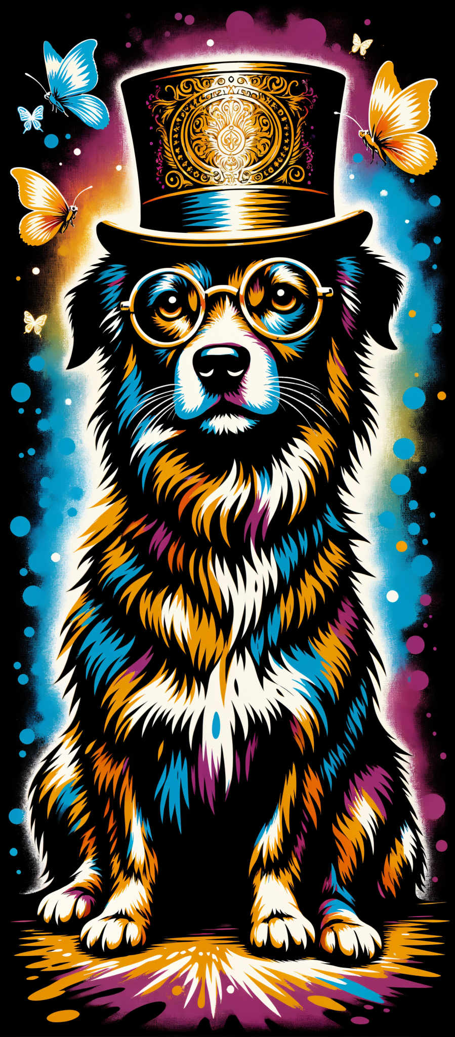 The image portrays a dog with a vibrant psychedelic appearance. The dog's fur is a mix of blue orange and purple hues giving it a unique and eye-catching look. The eyes of the dog are large and round and it is wearing a pair of glasses that add to its quirky charm. The background is a stark black adorned with colorful circles and butterflies creating a dreamy and surreal atmosphere. The overall art style of the image is reminiscent of the psychedelic genre characterized by its use of bright colors and abstract shapes. The subject of the artwork is a dog and the motif is the surreal and dreamy theme of the background. The image evokes a sense of wonder and curiosity inviting viewers to explore its depths.