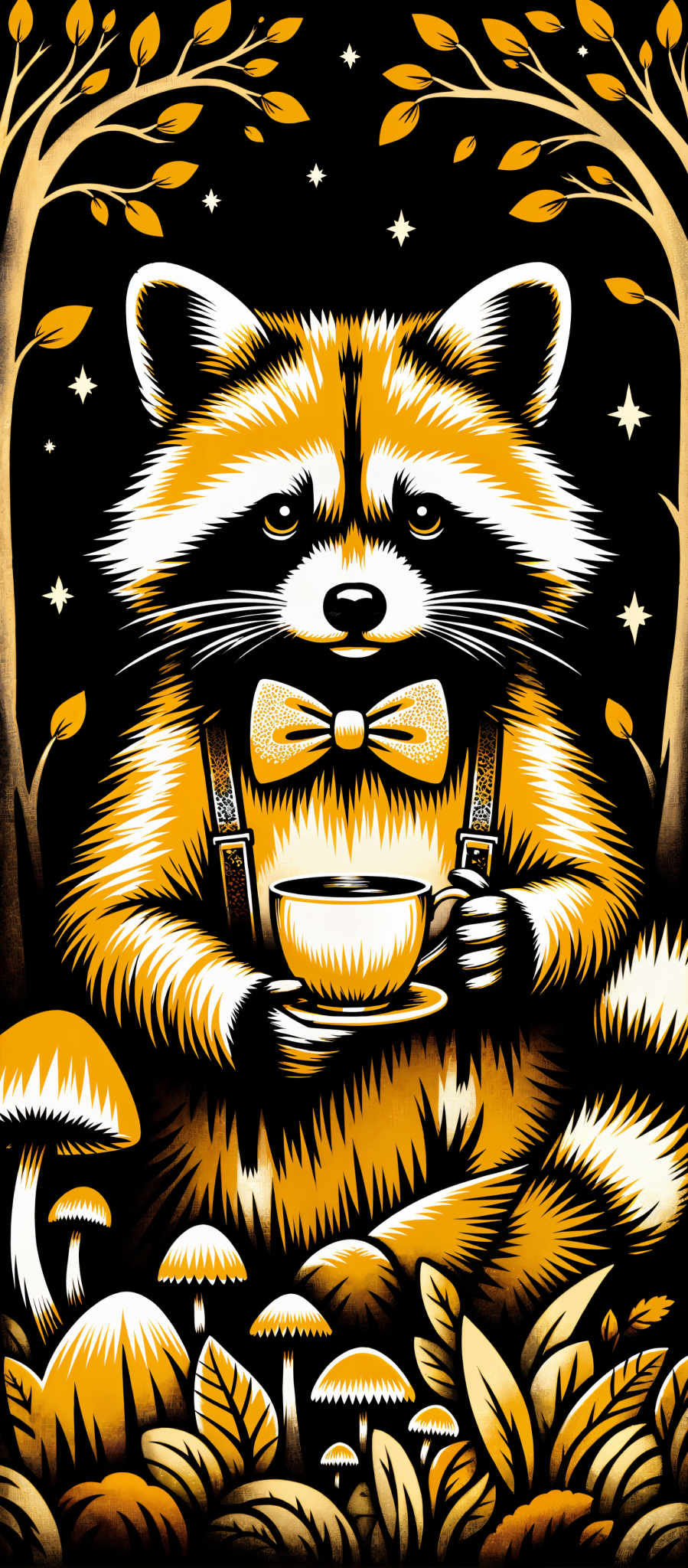 The image portrays a charming scene of a red panda its fur a vibrant shade of red sitting comfortably on a branch. The panda is adorned with a yellow bowtie adding a touch of whimsy to its appearance. In its paws it holds a white cup of coffee suggesting a moment of relaxation or perhaps a morning ritual. The background is a stark black providing a striking contrast to the panda and its colorful attire. Scattered throughout the image are yellow leaves their presence adding a sense of autumn to the scene. The art style is reminiscent of a watercolor painting with soft fluid lines and a dreamy quality to the colors. The subject of the image is the red panda and the coffee cup while the motif is the peaceful autumnal scene.