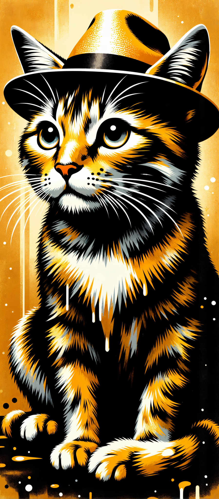 The image portrays a captivating scene of a cat painted in a realistic style. The cat with its fur in shades of orange and black is the central figure in the image. Its eyes a striking blue are wide open giving it an alert and curious expression. The fur is depicted with a lot of detail adding to the realism of the image.

The cat is positioned in the center of the frame drawing the viewer's attention immediately. The background is a vibrant yellow which contrasts beautifully with the cat's fur and makes it stand out. The art style of the painting is realistic with a focus on the cat and its features.

The subject of the artwork is a cat. The motif is the close-up view of the cat emphasizing its features and expression. This image does not only capture the physical appearance of the subject but also its emotions and personality. The use of colors and the realistic art style make this image a beautiful representation of a common household pet.