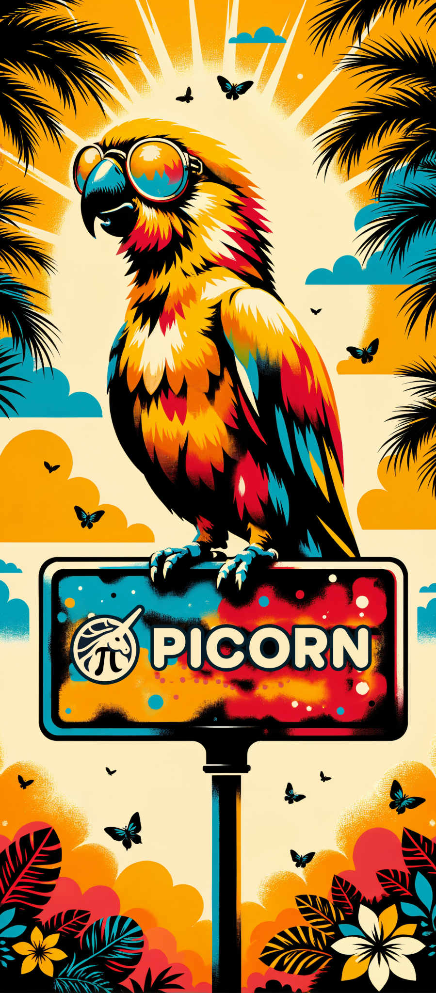 The image presents a vibrant scene featuring a bird of prey possibly a hawk or a falcon perched on a sign. The bird is predominantly yellow and orange with blue and red accents on its wings and tail. The sign on which the bird is perched is red and blue with the word "PICORN" written in white letters. The background of the image is a bright yellow adorned with blue clouds and palm trees. The overall art style of the illustration is reminiscent of a tropical paradise with a sense of adventure and exploration. The subject of the artwork is the bird which is the focal point of the composition. The motif of the scene is a tropical setting with palm trees and clouds adding to the exotic atmosphere. The image is rich in color and detail with each element contributing to the overall theme of adventure.