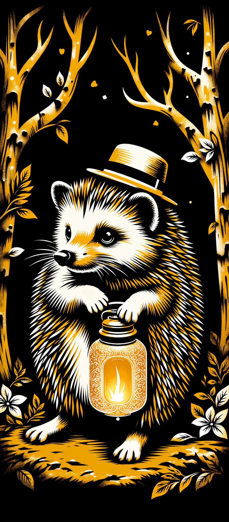 The image portrays a charming scene of a raccoon who is the central figure. The raccoon is adorned with a top hat and monocle giving it an air of sophistication. It is holding a jar of honey in its paws suggesting a sweet tooth. The background is a stark black providing a striking contrast to the raccoon's white fur. Scattered throughout the image are yellow leaves adding a touch of autumn to the scene. The art style is reminiscent of a vintage illustration with intricate details and a warm color palette. The image evokes a sense of whimsy and nostalgia.