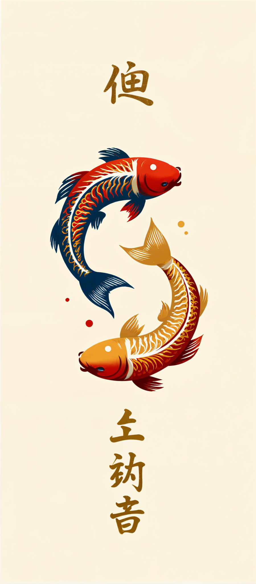 The image presents a captivating scene of two fish one red and one blue swimming in a circular pattern. The fish are adorned with gold stripes adding a touch of elegance to their appearance. They are surrounded by small orange circles creating a sense of movement and dynamism. The art style is reminiscent of Japanese woodblock prints characterized by bold lines and vibrant colors. The subject of the image is the fish and the motif is the harmony between the fish and their surroundings. The image evokes a sense or tranquility and balance as the fish seem to be in perfect harmony with each other and their environment.