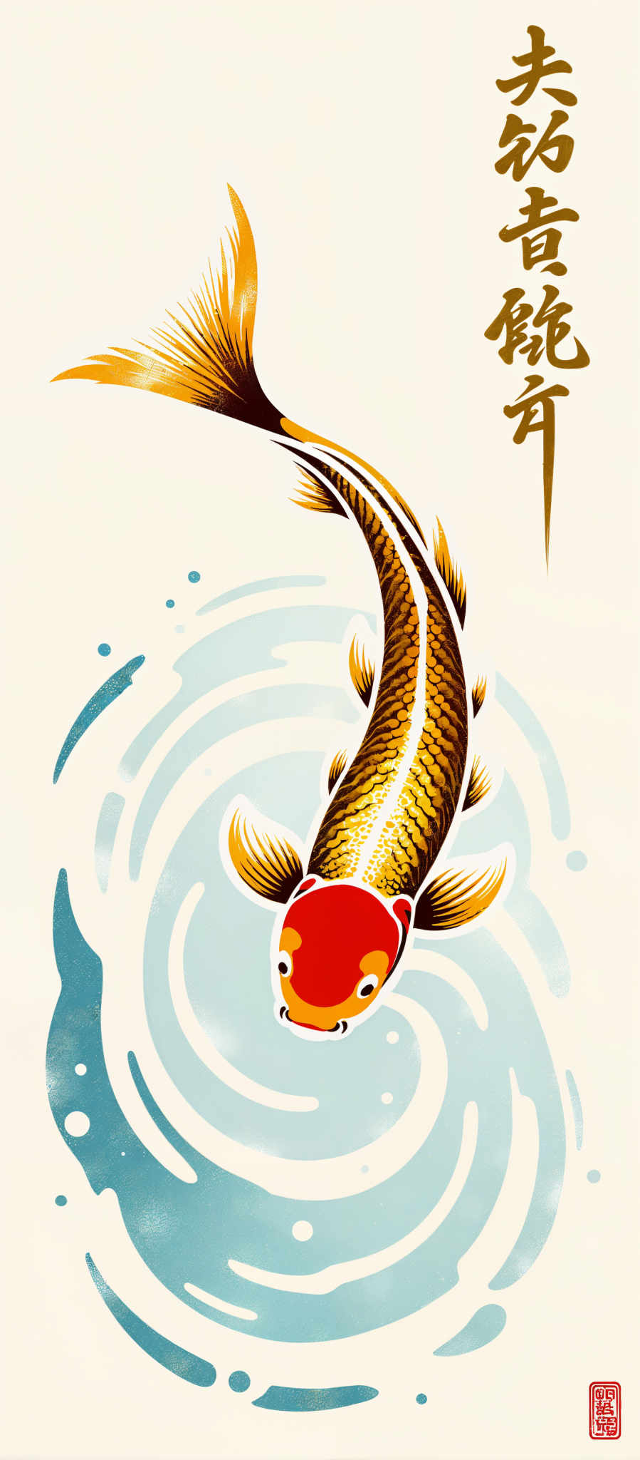 The image portrays a vibrant scene featuring a large golden fish. The fish which is the central focus of the image is adorned with a red hat and is surrounded by a blue wave-like pattern. The background is a stark white providing a striking contrast to the colorful elements in the foreground. The art style of the illustration is reminiscent of traditional Japanese woodblock prints characterized by bold lines and flat colors. The overall mood of the piece is playful and whimsical with the fish appearing to be in motion as if swimming through the wave-like design. The image does not contain any text or other discernible objects. The relative position of the fish is central with its red hat positioned on top of its head. The blue wave pattern surrounds the fish further emphasizing its central position. The white background surrounds the entire scene providing context and depth to the illustration.