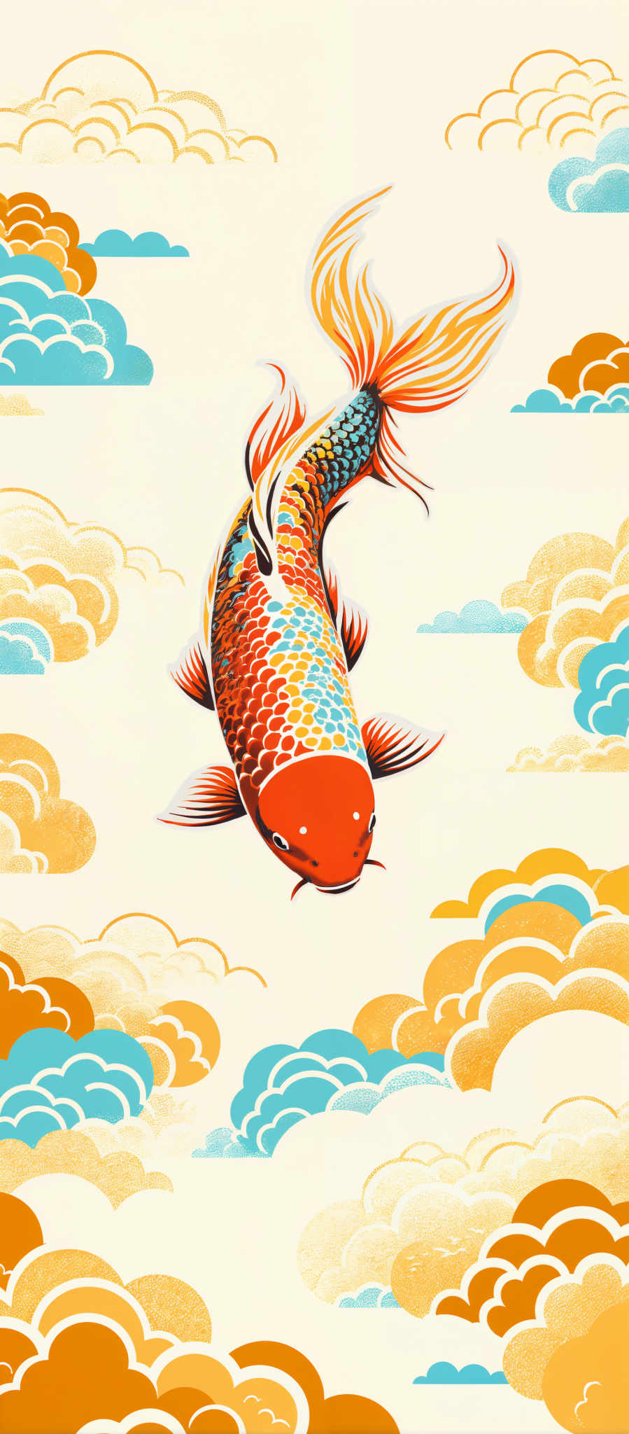 The image presents a vibrant scene dominated by a large red and blue fish. The fish with its long tail and fins is the central figure in the image. It is swimming towards the right side of the image creating a sense of movement and dynamism. The background is a light yellow color providing a stark contrast to the fish's vivid hues. Scattered throughout the background are blue and white clouds adding depth and dimension to the scene. The art style of the painting is reminiscent of traditional Japanese woodblock prints characterized by bold lines and bright colors. The overall mood of the artwork is cheerful and lively with the fish appearing to be in a state of joyous motion. The image does not contain any text or other discernible objects. The relative position of the fish to the background elements suggests it is in the foreground further emphasizing its prominence in the scene.

Please note that this description is based on the visible elements in the provided image and does not include any speculative or imaginary content.