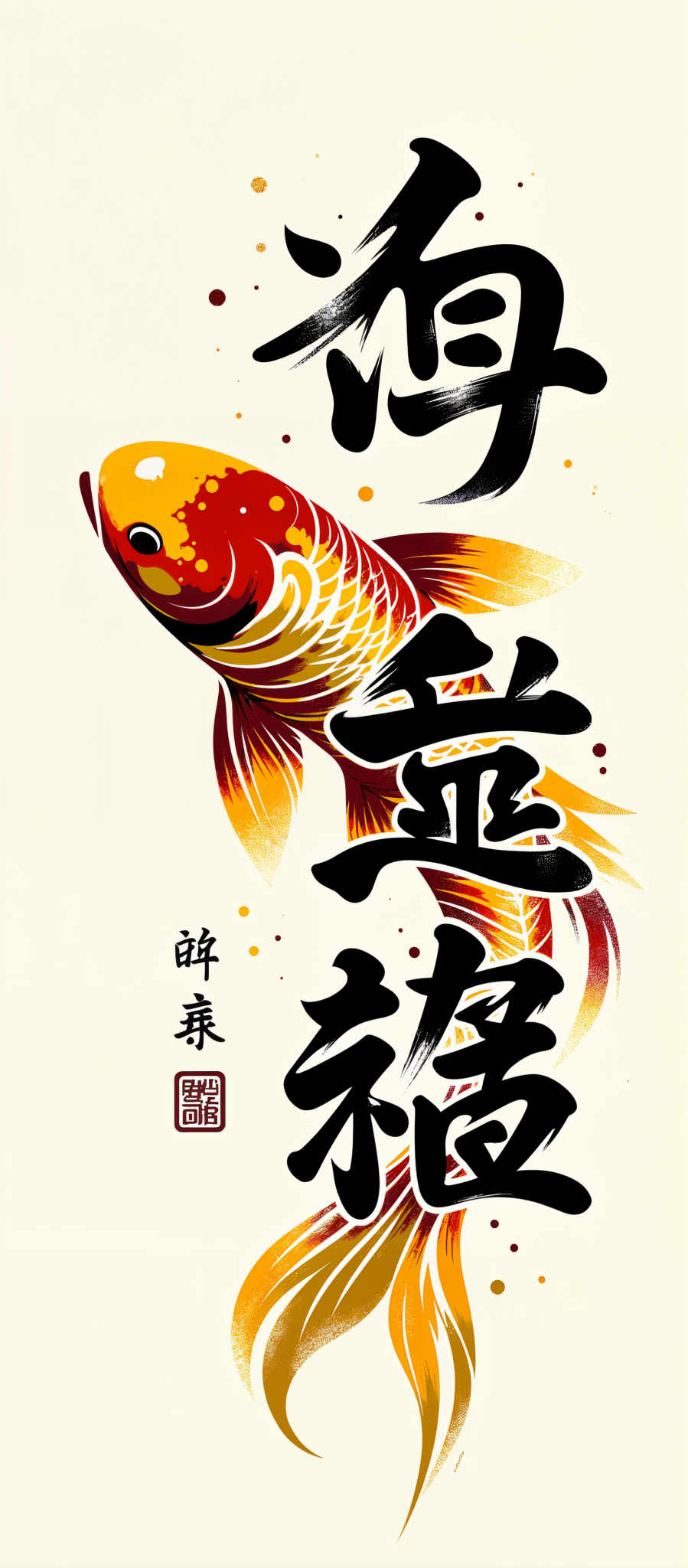 The image is a vibrant display of a fish painted in a traditional Chinese art style. The fish the central figure of the image is rendered in a striking combination of red and yellow hues. The body of the fish is predominantly red while its fins and tail are a contrasting yellow. The background is a stark white which serves to highlight the fish and the accompanying Chinese characters.

The Chinese characters written in black are positioned both above and below the fish. They are written in a calligraphy style adding an element of elegance to the overall composition. The characters appear to be a form of text or poetry although the specific content is not discernible from the image.

The art style of the painting is reminiscent of traditional Chinese calligraphy and painting characterized by its use of bold colors and simple forms. The subject of the artwork is a fish or a dragon a common motif in Chinese art. The use of red yellow and white colors is typical of traditional Asian art where these colors are often used to represent different aspects of nature and life.

Overall the image is an impressive representation of traditional Japanese art with its use bold colors simple forms and symbolic motifs. The painting captures the viewer's attention with its vibrant colors and intricate details while the accompanying calligraphy adds an element sophistication and cultural significance.