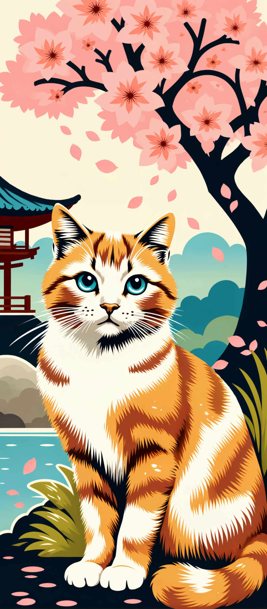 The image portrays a charming scene of a ginger cat with striking blue eyes. The cat is sitting on a rock its gaze directed towards the camera giving the impression of curiosity and alertness. The background is a beautiful blend of nature featuring a tree adorned with pink flowers and a serene blue sky dotted with fluffy white clouds. The art style of the image is reminiscent of Japanese woodblock prints characterized by bold lines and vibrant colors. The subject of the artwork is the cat which is the focal point of the composition. The motif of the scene is the harmony between the natural world and the feline creating a sense of tranquility and peace.