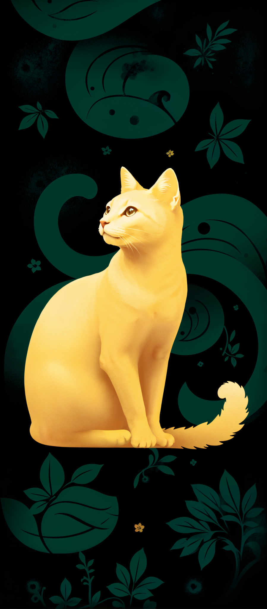 The image portrays a vibrant scene featuring a yellow cat. The cat the main subject of the image is sitting on its hind legs its front paws raised as if in a playful gesture. The background is a stark contrast to the cat with a black and green swirl pattern that adds depth to the composition. The art style is reminiscent of a watercolor painting with soft fluid lines that give the image a dreamy quality. The overall mood of the piece is one of joy and whimsy as if the cat is inviting the viewer into its playful world.