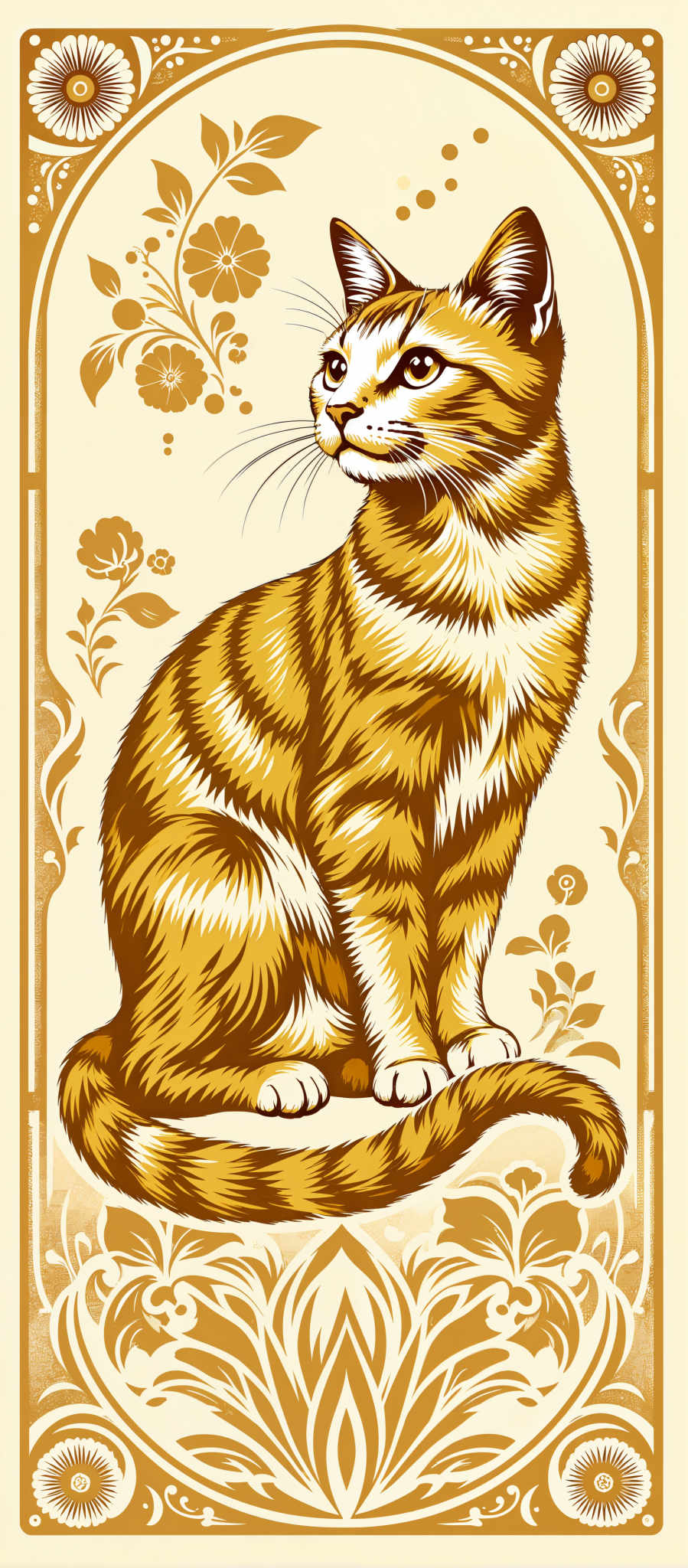 The image portrays a charming scene of a yellow cat sitting on a white surface. The cat with its fur glowing like a sun is the central figure in the image. It is facing the viewer its eyes sparkling with curiosity and its whiskers standing up as if it's attentively observing something. The background is a light beige color providing a neutral backdrop that allows the vibrant yellow of the cat to stand out. Adding to the charm of the scene are small flowers and leaves scattered around the cat their delicate forms adding a touch of nature to the composition. The art style is reminiscent of a watercolor painting with soft flowing lines and a dreamy quality to the colors. The overall mood of the image is one of tranquility and warmth evoking a sense of comfort and coziness. The subject of the artwork is a cat a common motif in art that symbolizes grace elegance and companionship. The image beautifully captures the essence of a cat's charm and the serene atmosphere of a peaceful moment.