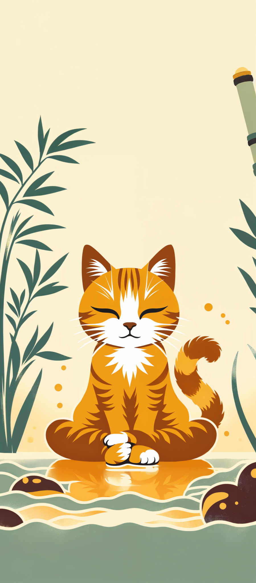 The image portrays a charming orange and white cat sitting on a green plant. The cat with its eyes closed appears to be in a state of bliss perhaps enjoying a peaceful nap. The plant on which the cat is sitting is lush and green with leaves that are pointed and have a jagged edge. The background of the image is a light yellow color providing a warm and inviting atmosphere. The art style of the illustration is whimsical and playful with a focus on the cat as the main subject. The overall mood of the artwork is one of tranquility and contentment.