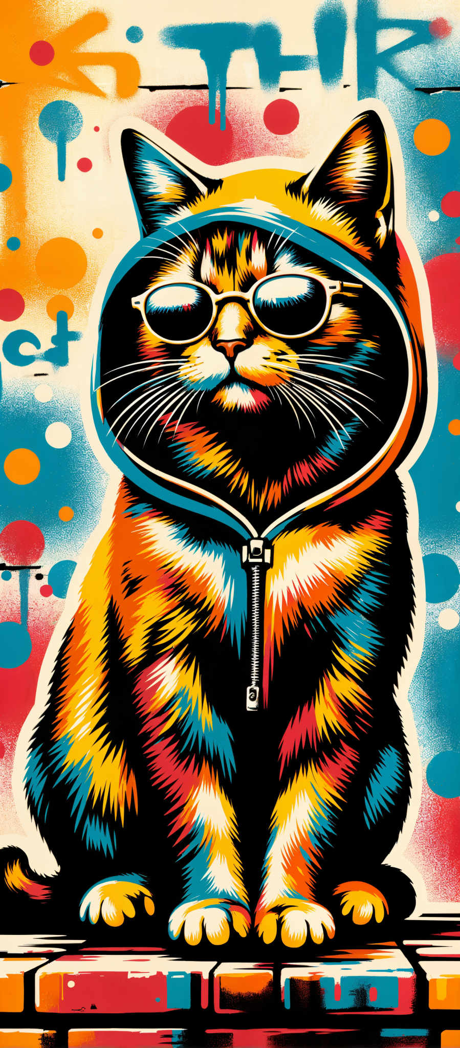 The image features a cat which is the main subject. The cat is wearing a pair of sunglasses and a hoodie giving it a cool and stylish appearance. The colors used in the image are vibrant and varied with a lot of orange blue and red. The art style is abstract and colorful with bold lines and shapes. The overall mood of the image is playful and fun. The image does not contain any text.