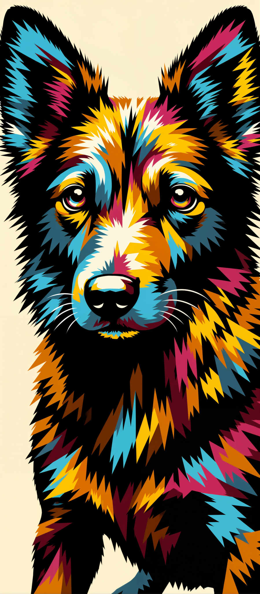 The image presents a captivating digital illustration of a bear's face. The bear the central subject of the image is depicted in a close-up view filling most of the frame. The art style is abstract characterized by a geometric pattern that adds a sense of depth and complexity to the bear's features. The colors used are vibrant and varied with a dominant palette of blue yellow and pink. The overall mood of the artwork is one of intrigue and curiosity as the viewer is drawn into the abstract representation of the bear. The image does not contain any text or other discernible objects. The relative position of the colors and patterns creates a harmonious balance contributing to the overall aesthetic appeal of the piece.