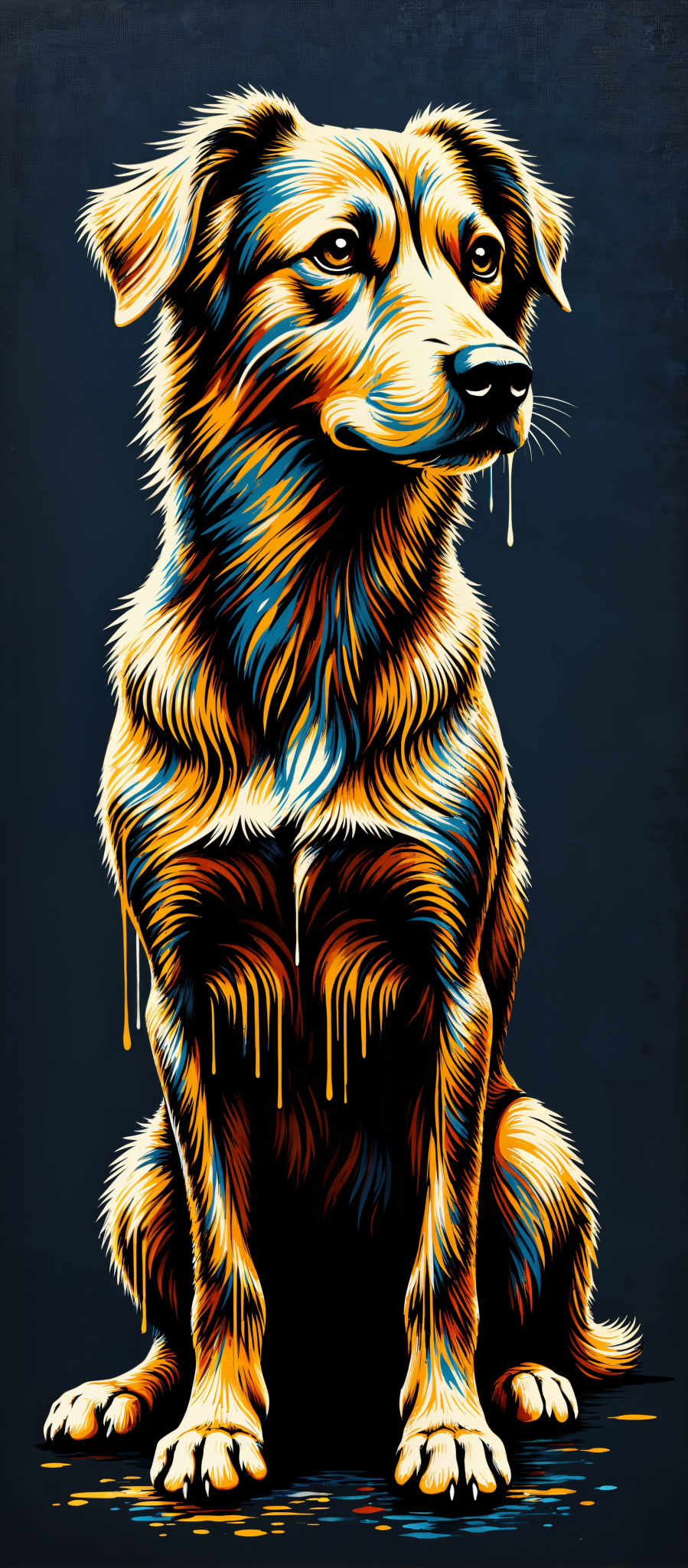 The image portrays a wolf painted in a vibrant mix of blue and orange. The wolf's fur is long and shaggy with a white undercoat that contrasts with the warm hues. The eyes of the wolf are a striking yellow and it has a black nose. The body of the animal is covered in orange and blue drips giving it a unique and eye-catching appearance. The background is a dark blue which further accentuates the wolf's colorful coat. The art style of the image is reminiscent of a painting with the wolf being the central focus. The subject of the artwork is the wolf and the motif is the interplay of colors and light on the animal's fur. The image does not contain any text or other discernible objects. The relative position of the objects is such that the wolf is centrally located against the dark blue background. The drips on the wolf appear to be randomly scattered adding to the overall abstract nature of the painting. The yellow eyes of wolf are located towards the top of the head and its black nose is situated at the top. The orange and yellow drips are spread across the body of wolf with no particular pattern or arrangement. The white undercoats of the fur are located at the bottom of the body. The overall composition of the colors and the wolf creates a visually striking image.