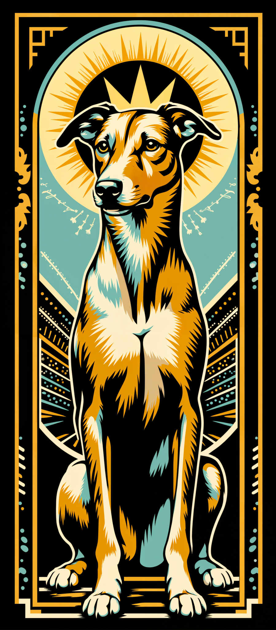 The image portrays a majestic dog its fur a mix of brown and white standing tall and proud. The dog's eyes are focused and alert embodying a sense of determination and strength. The background is a vibrant blue adorned with a pattern of yellow and white lines that add depth and dynamism to the scene. The art style is reminiscent of a stained glass window with intricate patterns and designs that catch the eye. The subject of the image is the dog and the motif is one of power and resilience. The image evokes a sense awe and admiration for the dog's presence and character.