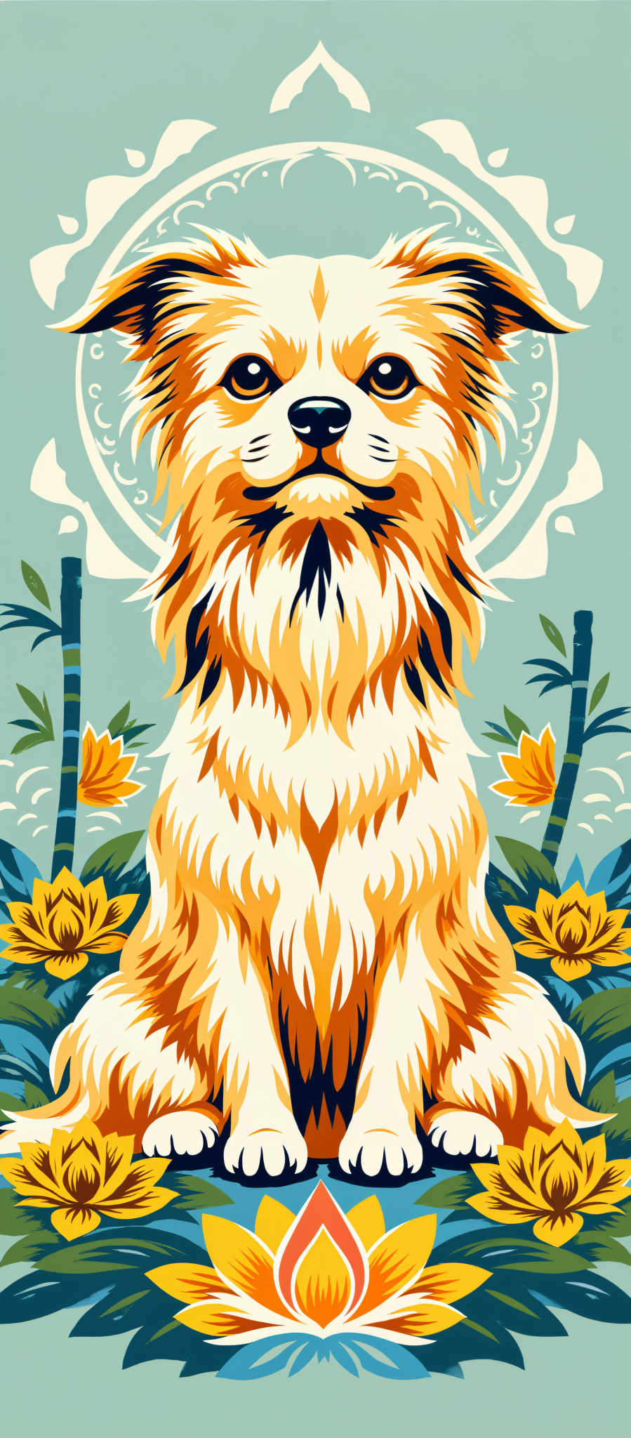 The image portrays a large fluffy orange dog with a black nose and mouth. The dog is sitting on a blue background surrounded by yellow flowers. The art style is reminiscent of a painting and the subject is a dog. The motif is a peaceful serene scene with the dog as the focal point. The colors are vibrant with the orange of the dog contrasting against the blue background and the yellow flowers adding a pop of color. The image evokes a sense of calm and tranquility.