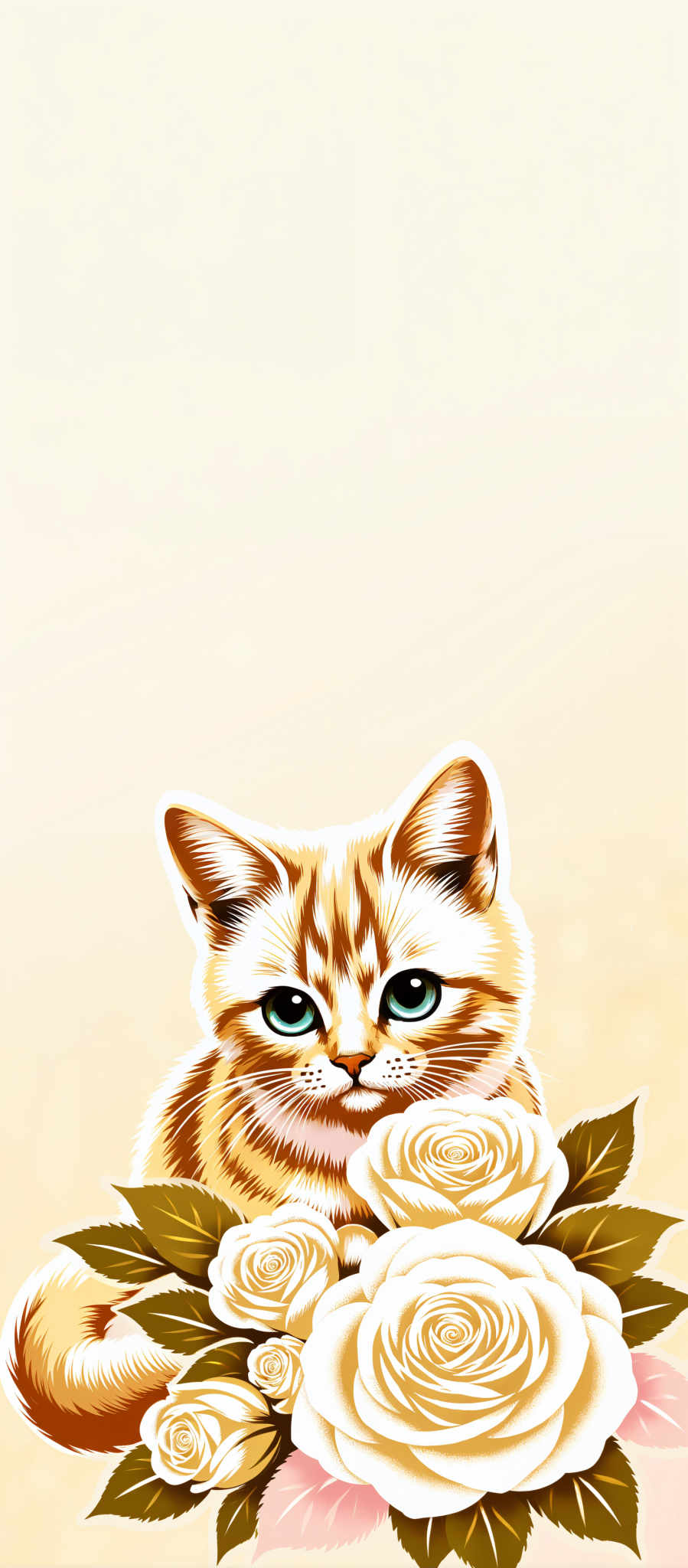 The image portrays a charming scene featuring a cat. The cat with its fur painted in shades of orange and white is the central figure in the image. Its eyes a striking blue are wide open giving it an alert and curious expression. The background is a light yellow color providing a warm and inviting atmosphere. The art style is reminiscent of watercolor adding a soft and dreamy quality to the overall image. The subject of the image is the cat and the motif is the playful and curious nature of felines. The image does not contain any text or other discernible objects. The relative position of the cat is central with the background uniformly distributed around it. The colors the cat's expression and its position all contribute to a captivating and engaging visual narrative.