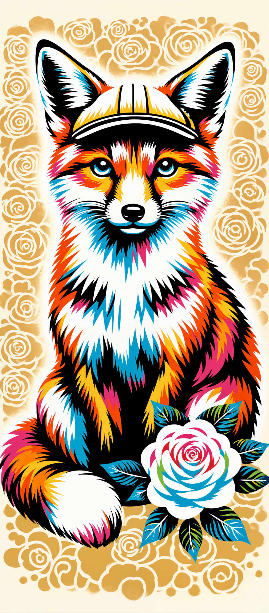 The image portrays a vibrant fox with a pink nose sitting on a rock. The fox is adorned with a colorful pattern of blue orange and yellow giving it a lively appearance. The background is a beautiful blend of pink and yellow roses adding a touch of nature to the scene. The art style is reminiscent of a painting with a focus on the fox as the main subject. The motif of the image revolves around the fox and the roses creating a harmonious and captivating visual experience.